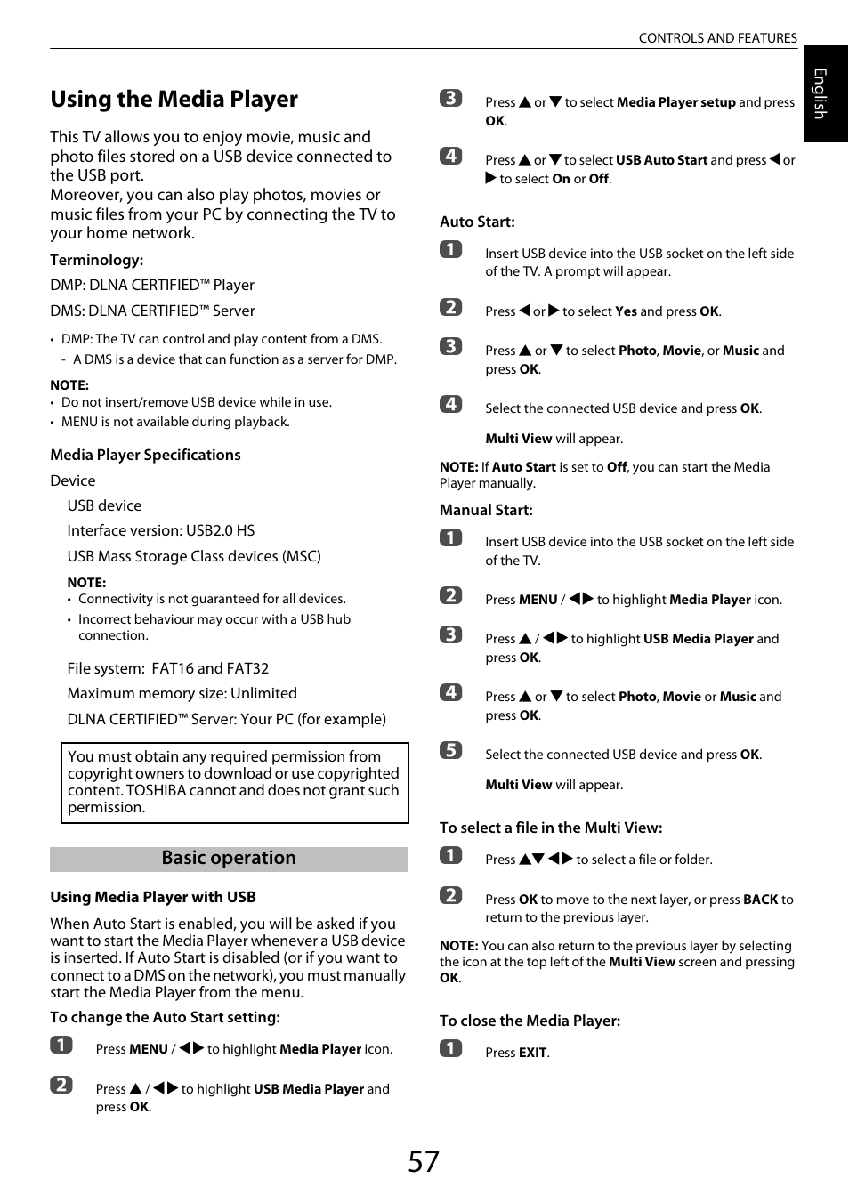 Using the media player, Basic operation | Toshiba XL975 User Manual | Page 57 / 92