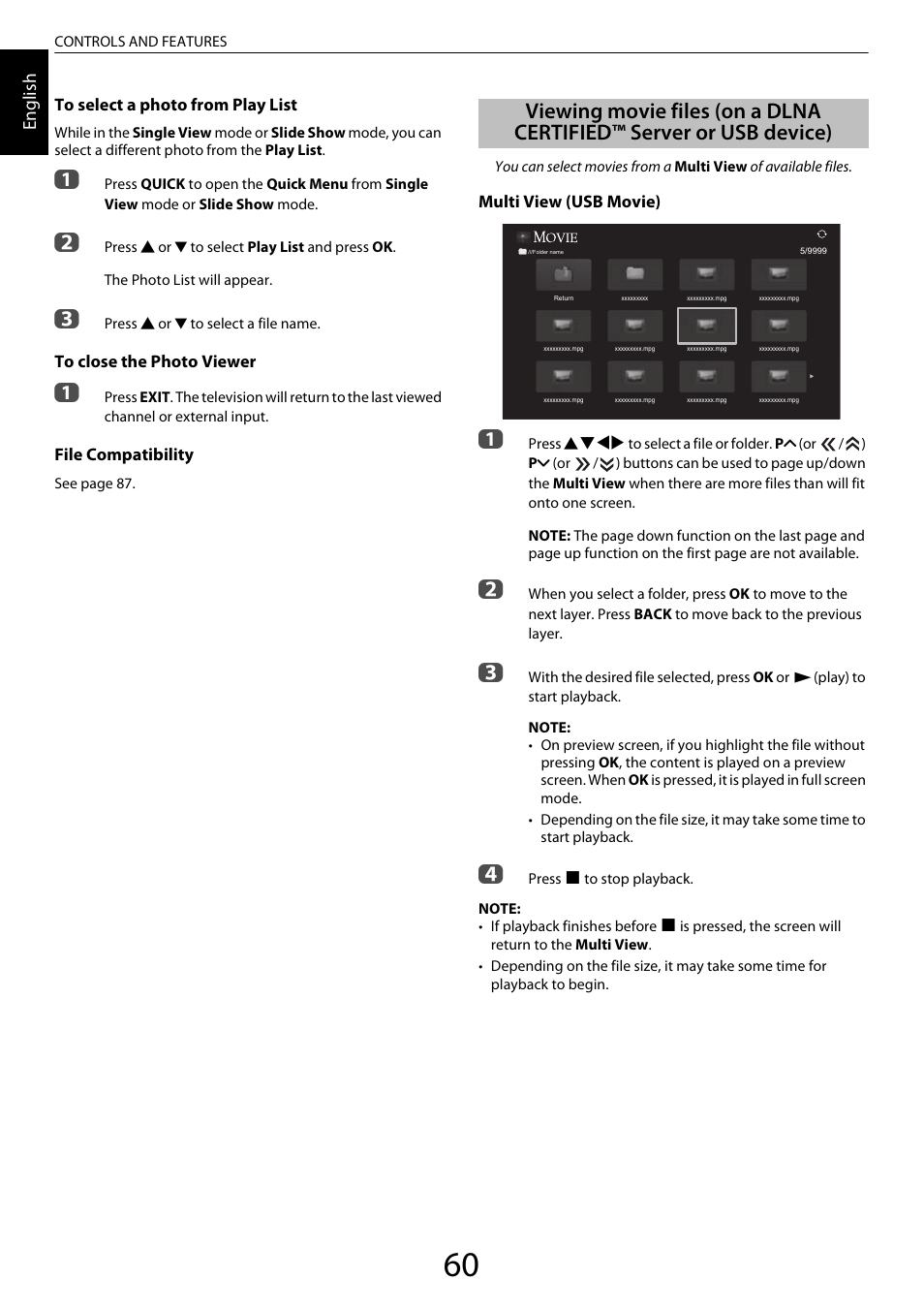 Viewing movie files, On a dlna certified™ server or usb device), En glis h | Toshiba XL975 User Manual | Page 60 / 92