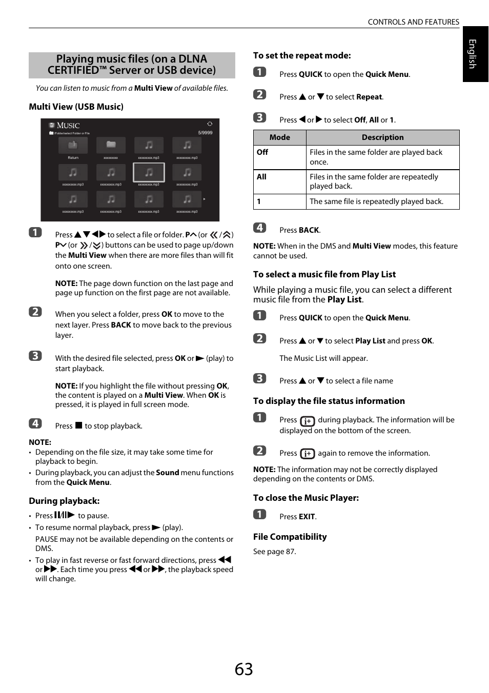 Playing music files, On a dlna certified™ server or usb device) | Toshiba XL975 User Manual | Page 63 / 92