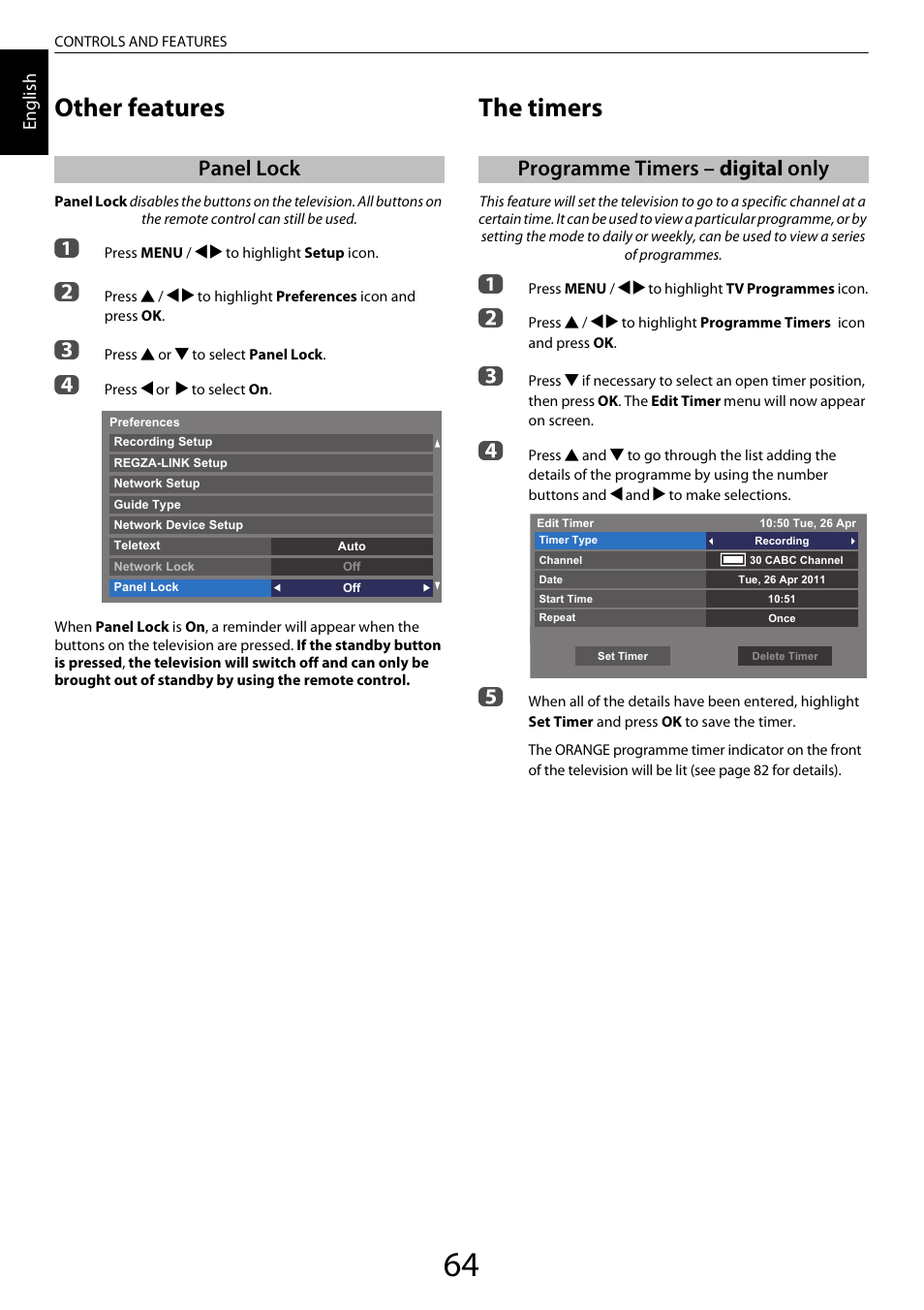 Other features, Panel lock, The timers | Programme timers – digital only | Toshiba XL975 User Manual | Page 64 / 92