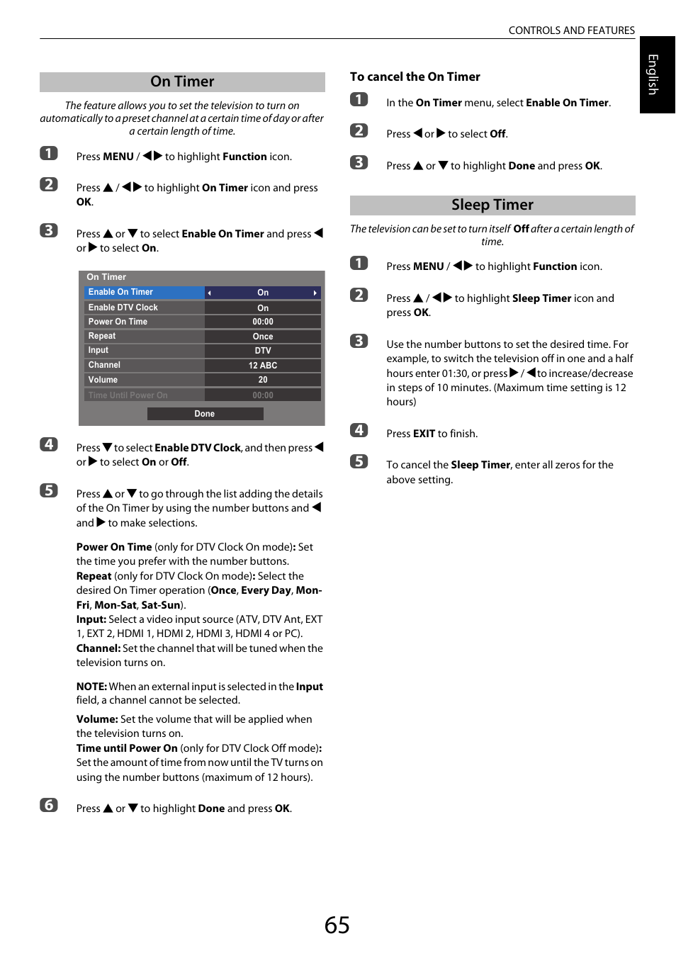 On timer, Sleep timer, On timer sleep timer | Toshiba XL975 User Manual | Page 65 / 92