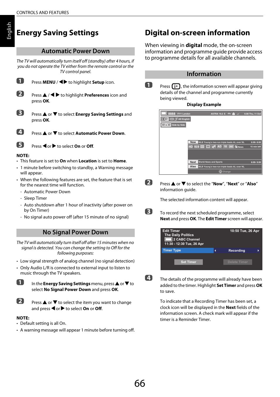 Energy saving settings, Automatic power down, No signal power down | Digital on-screen information, Information, Automatic power down no signal power down, En glis h | Toshiba XL975 User Manual | Page 66 / 92