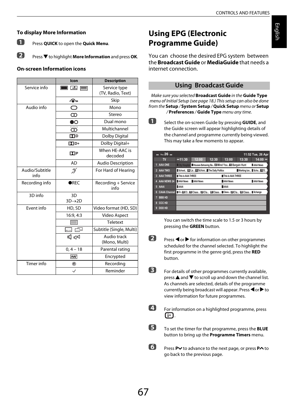 Using epg (electronic programme guide), Using broadcast guide, Engl ish | On-screen information icons | Toshiba XL975 User Manual | Page 67 / 92