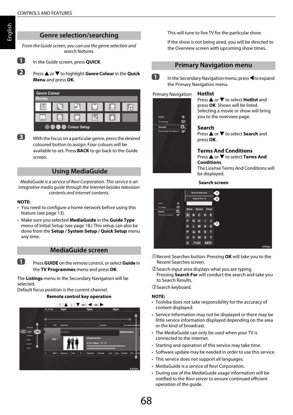 Genre selection/searching, Using mediaguide, Mediaguide screen | Primary navigation menu, En glis h, Hotlist, Search, Terms and conditions | Toshiba XL975 User Manual | Page 68 / 92