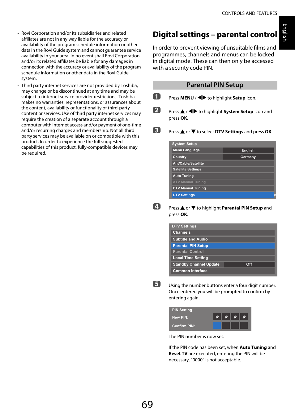 Digital settings – parental control, Parental pin setup | Toshiba XL975 User Manual | Page 69 / 92