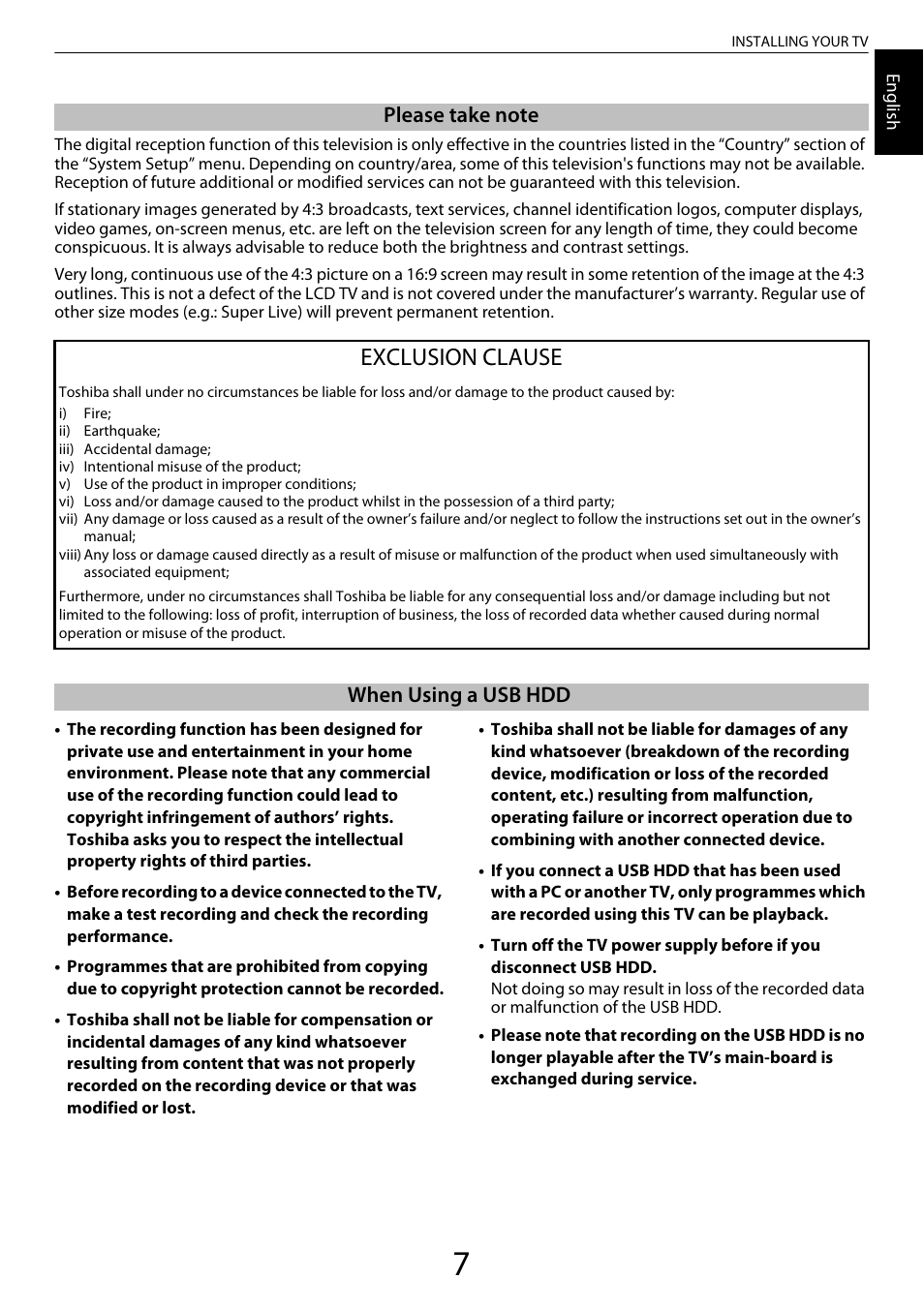 Exclusion clause, When using a usb hdd | Toshiba XL975 User Manual | Page 7 / 92