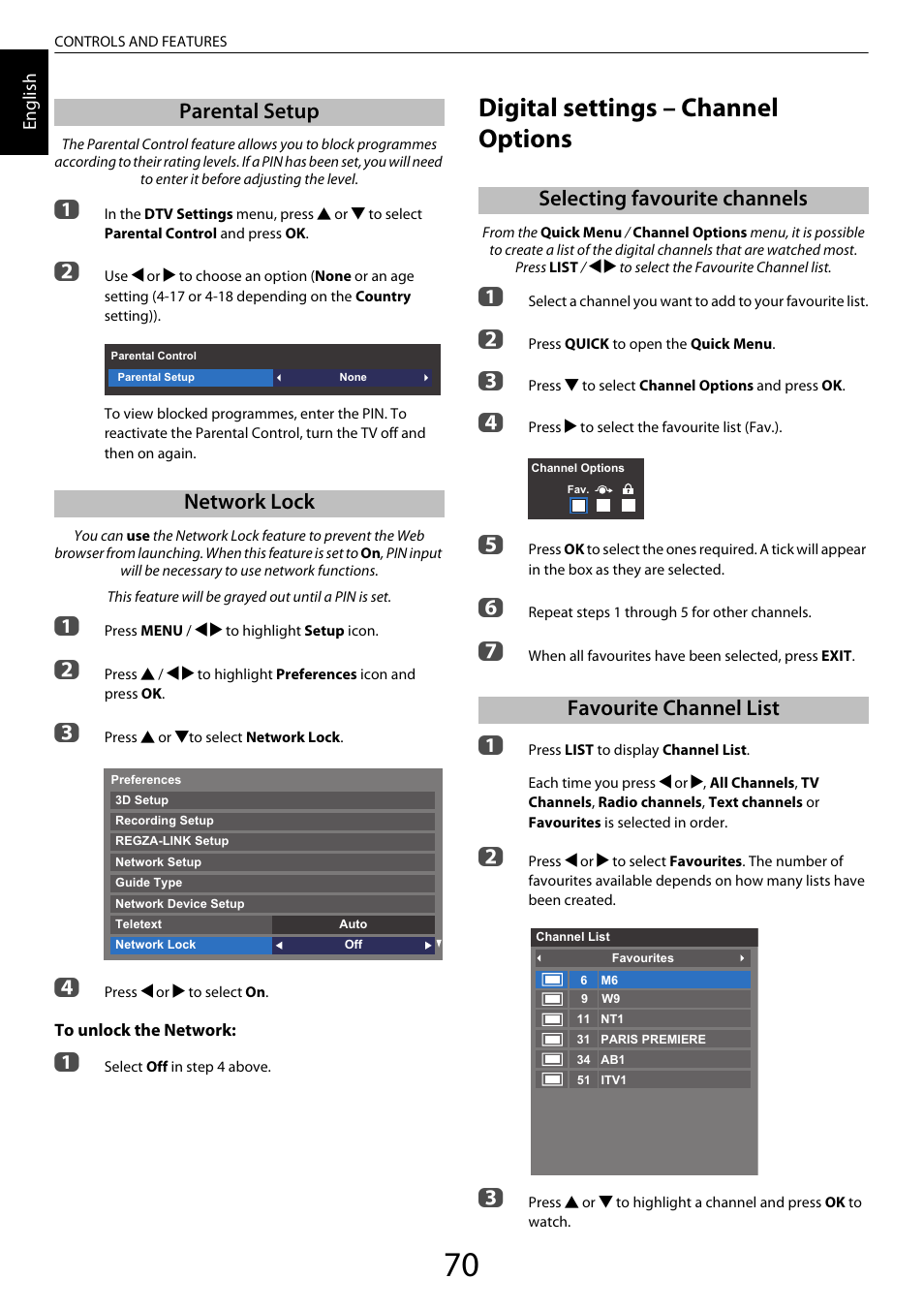 Parental setup, Network lock, Digital settings – channel options | Selecting favourite channels, Favourite channel list, Parental setup network lock | Toshiba XL975 User Manual | Page 70 / 92