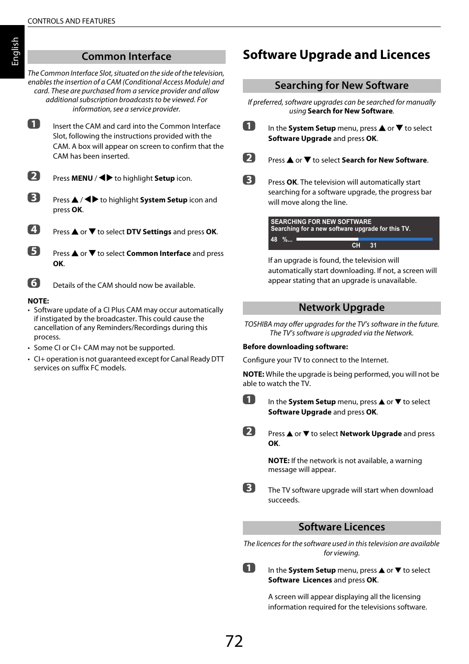 Common interface, Software upgrade and licences, Searching for new software | Network upgrade, Software licences | Toshiba XL975 User Manual | Page 72 / 92