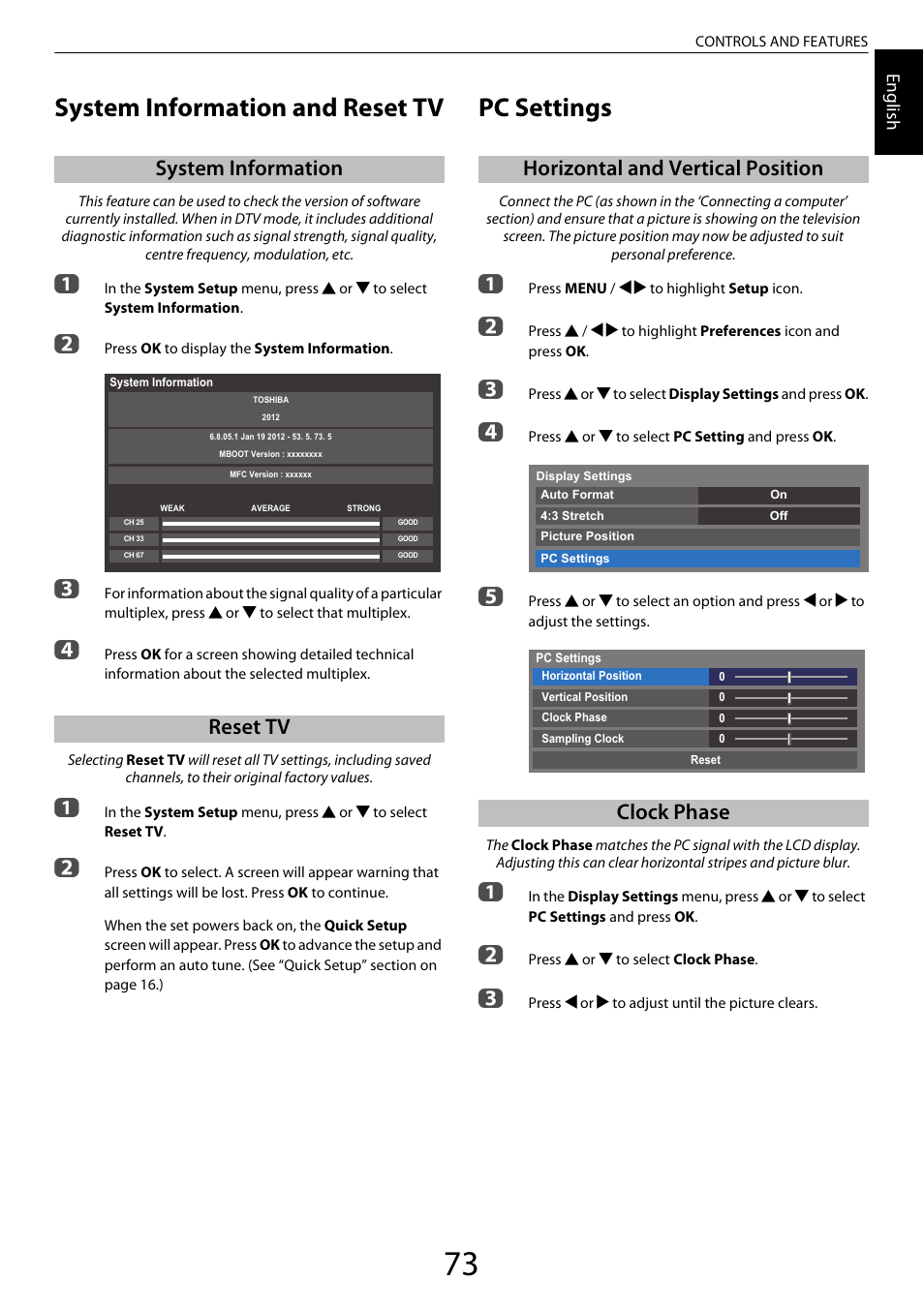 System information and reset tv, System information, Reset tv | Pc settings, Horizontal and vertical position, Clock phase, System information reset tv, Horizontal and vertical position clock phase | Toshiba XL975 User Manual | Page 73 / 92