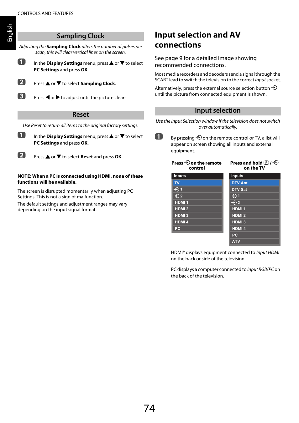 Sampling clock, Reset, Input selection and av connections | Input selection, Sampling clock reset, Sampling clock reset input selection | Toshiba XL975 User Manual | Page 74 / 92