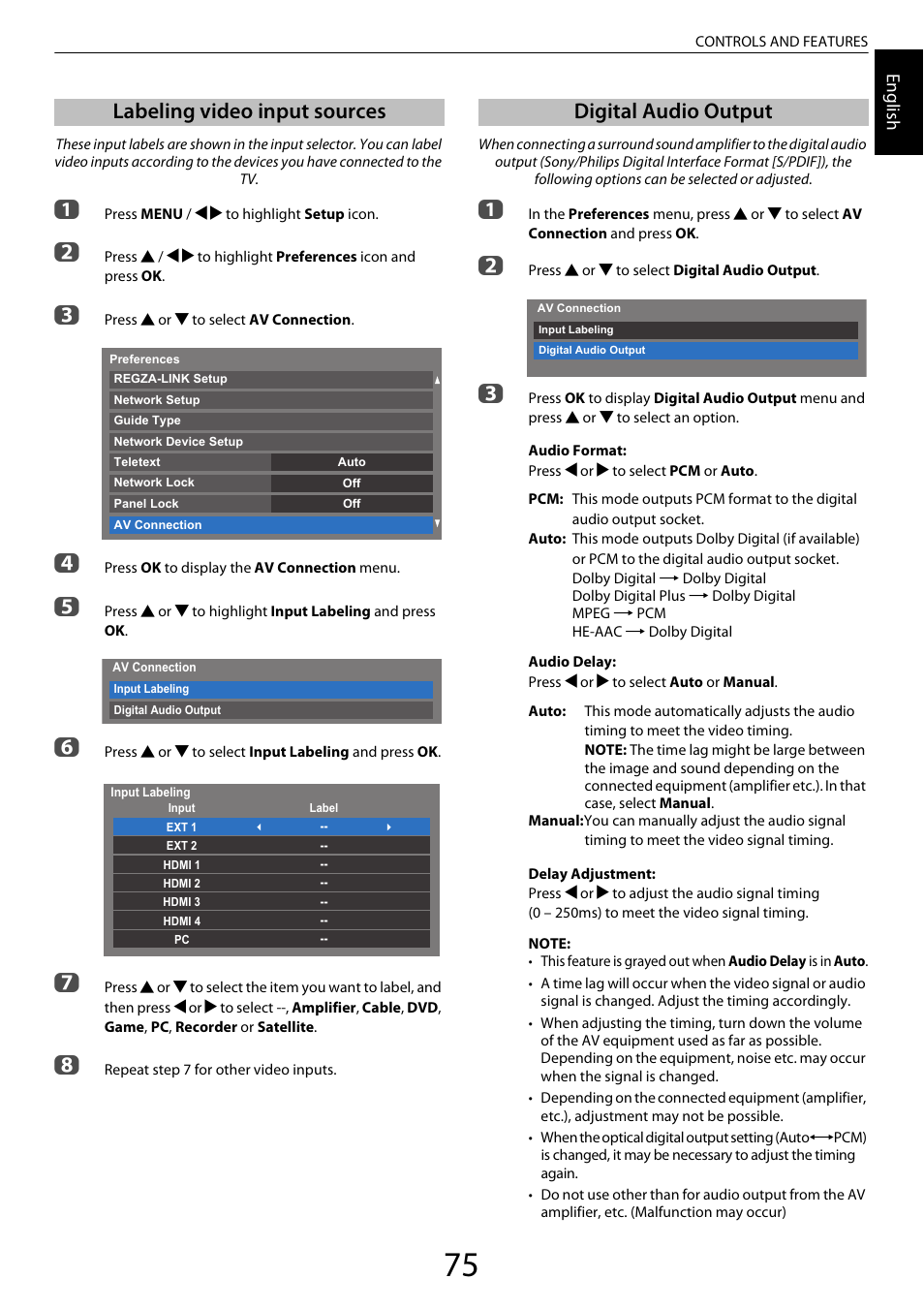 Labeling video input sources, Digital audio output, Labeling video input sources digital audio output | Toshiba XL975 User Manual | Page 75 / 92