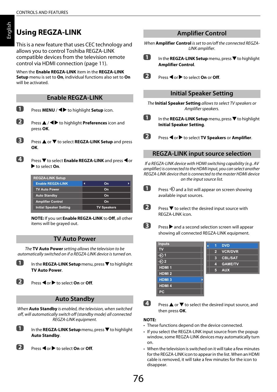 Using regza-link, Enable regza-link, Tv auto power | Auto standby, Amplifier control, Initial speaker setting, Regza-link input source selection, Enable regza-link tv auto power auto standby | Toshiba XL975 User Manual | Page 76 / 92