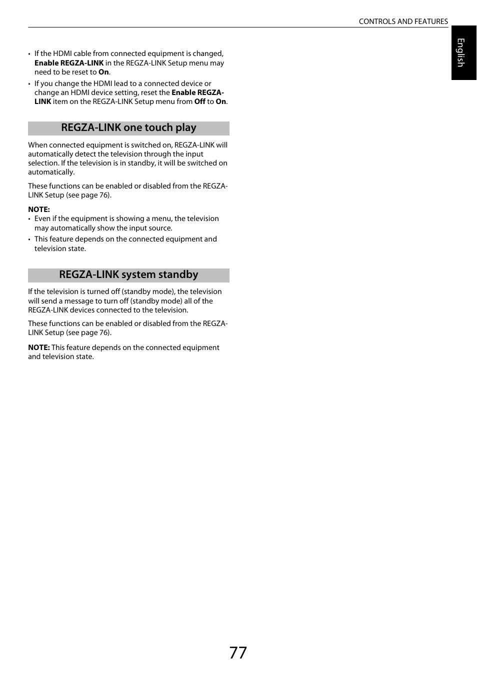 Regza-link one touch play, Regza-link system standby | Toshiba XL975 User Manual | Page 77 / 92