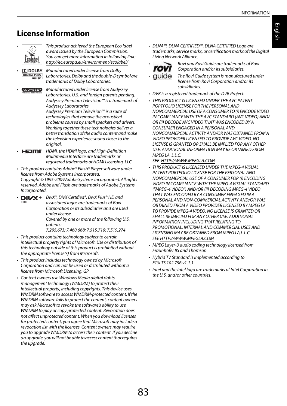License information | Toshiba XL975 User Manual | Page 83 / 92