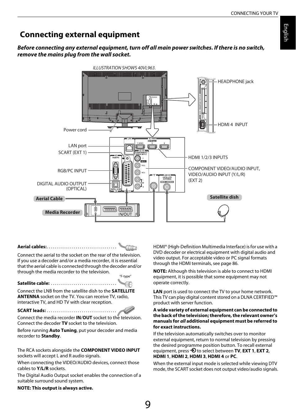 Connecting your tv, Connecting external equipment | Toshiba XL975 User Manual | Page 9 / 92