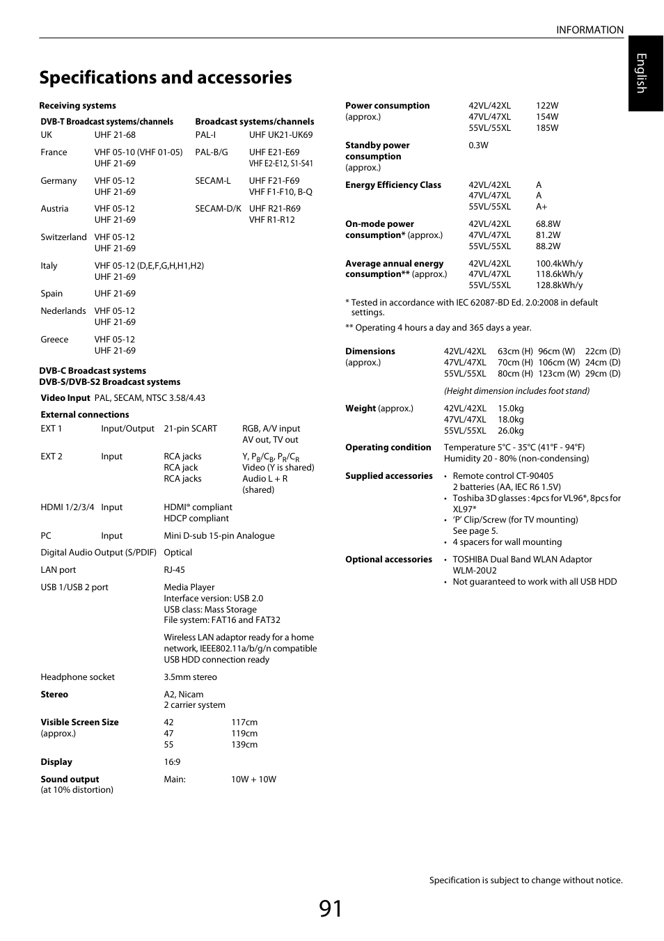 Specifications and accessories, Engl ish | Toshiba XL975 User Manual | Page 91 / 92