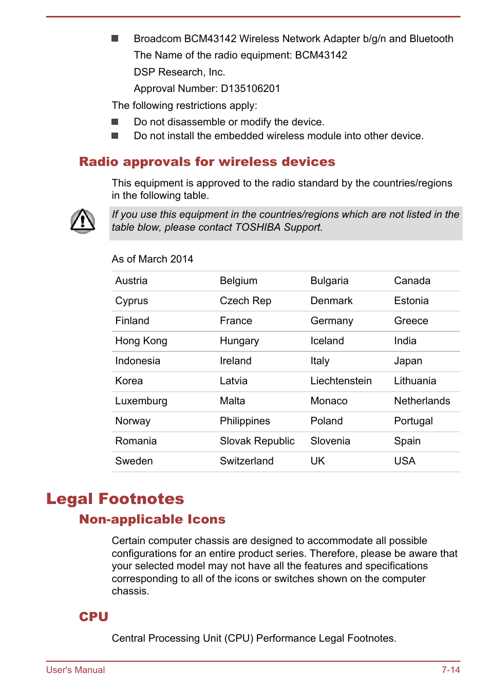 Radio approvals for wireless devices, Legal footnotes, Non-applicable icons | Legal footnotes -14, Legal, Footnotes, Section | Toshiba Qosmio X70-B User Manual | Page 122 / 128