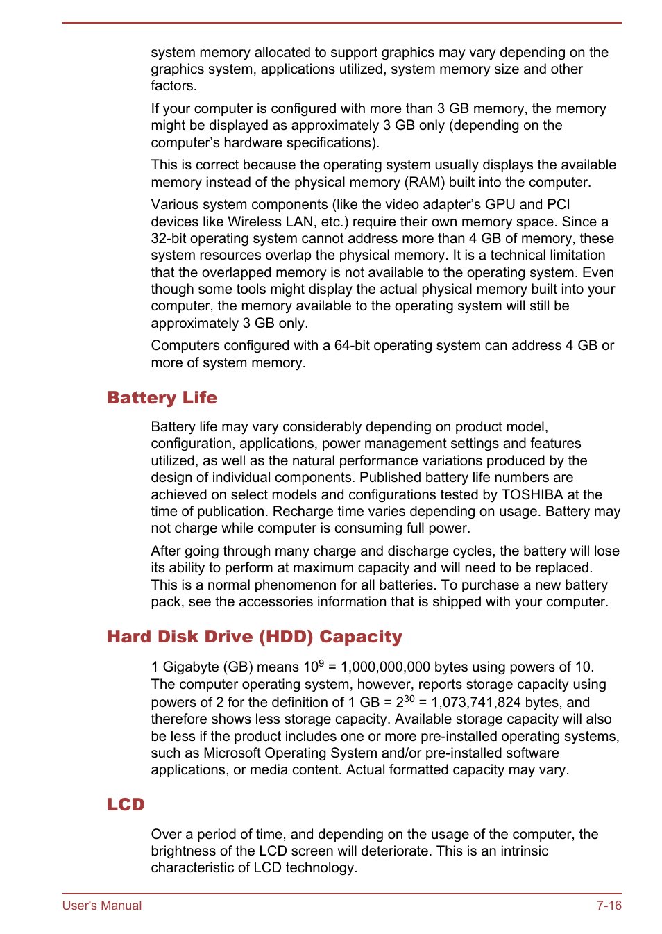Battery life, Hard disk drive (hdd) capacity | Toshiba Qosmio X70-B User Manual | Page 124 / 128