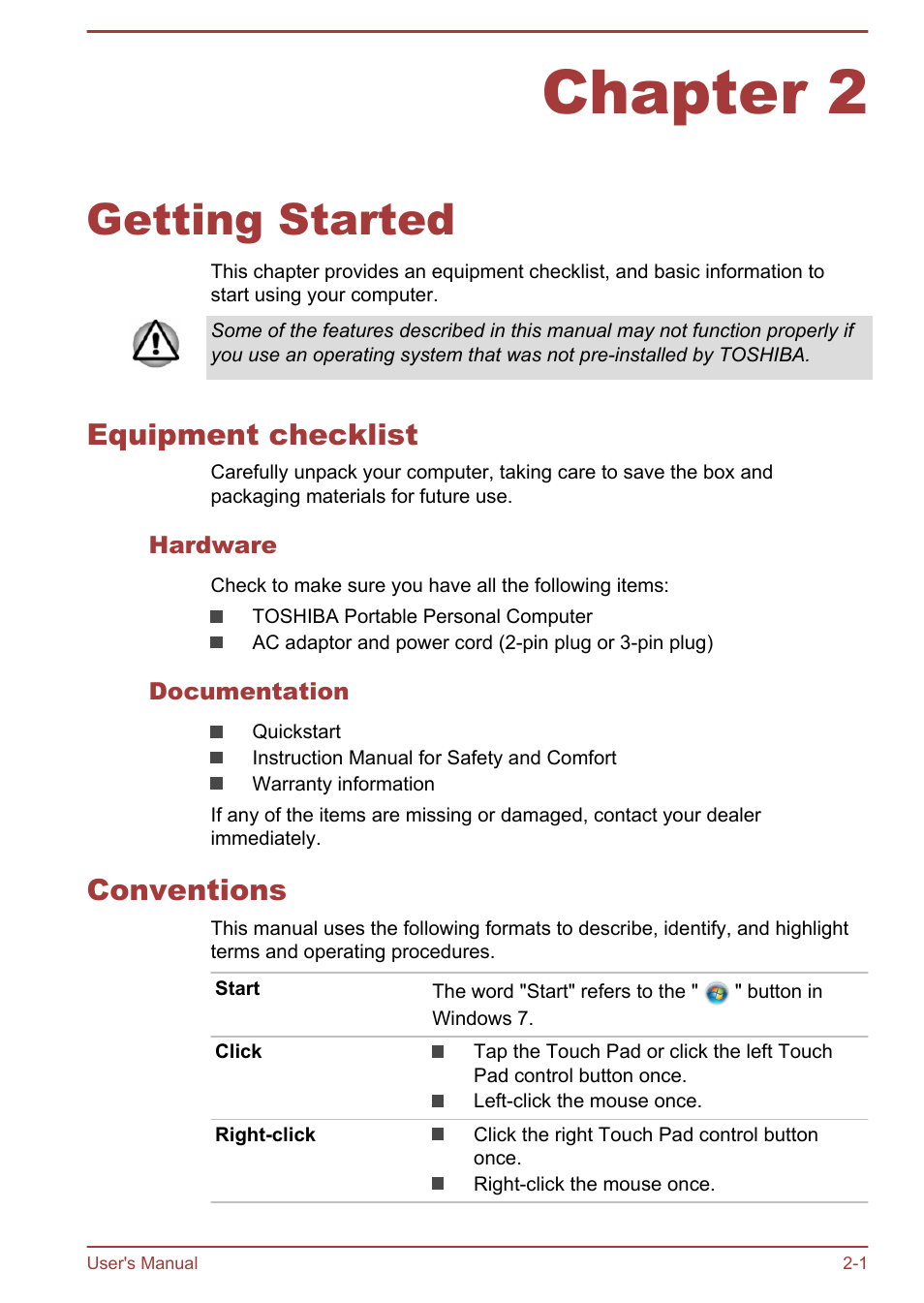 Chapter 2 getting started, Equipment checklist, Hardware | Documentation, Conventions, Chapter 2, Getting started, Equipment checklist -1 conventions -1 | Toshiba Qosmio X70-B User Manual | Page 23 / 128