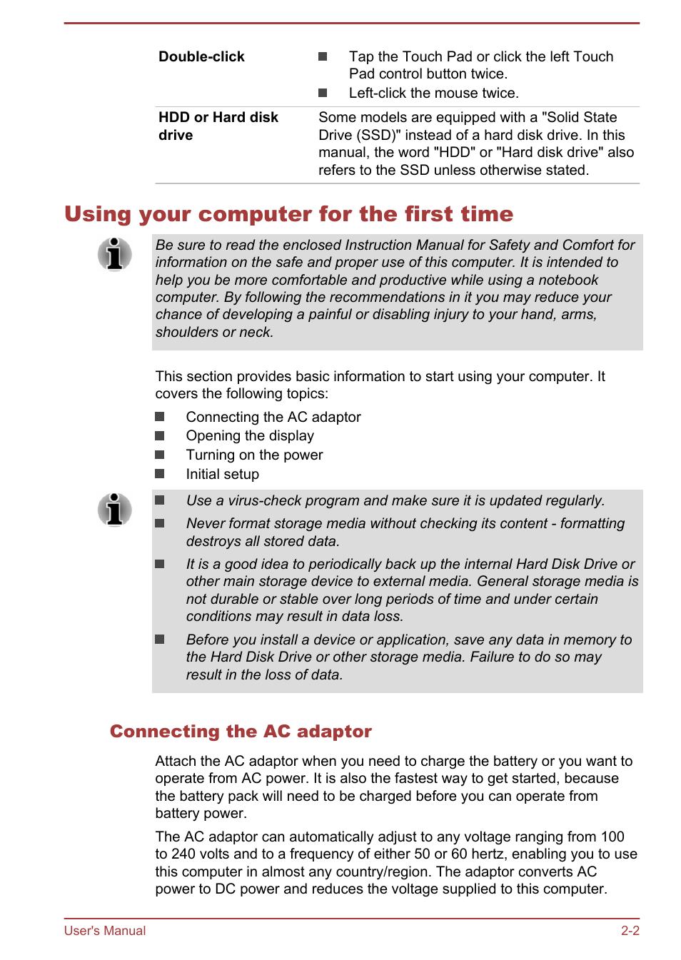 Using your computer for the first time, Connecting the ac adaptor, Using your computer for the first time -2 | Toshiba Qosmio X70-B User Manual | Page 24 / 128
