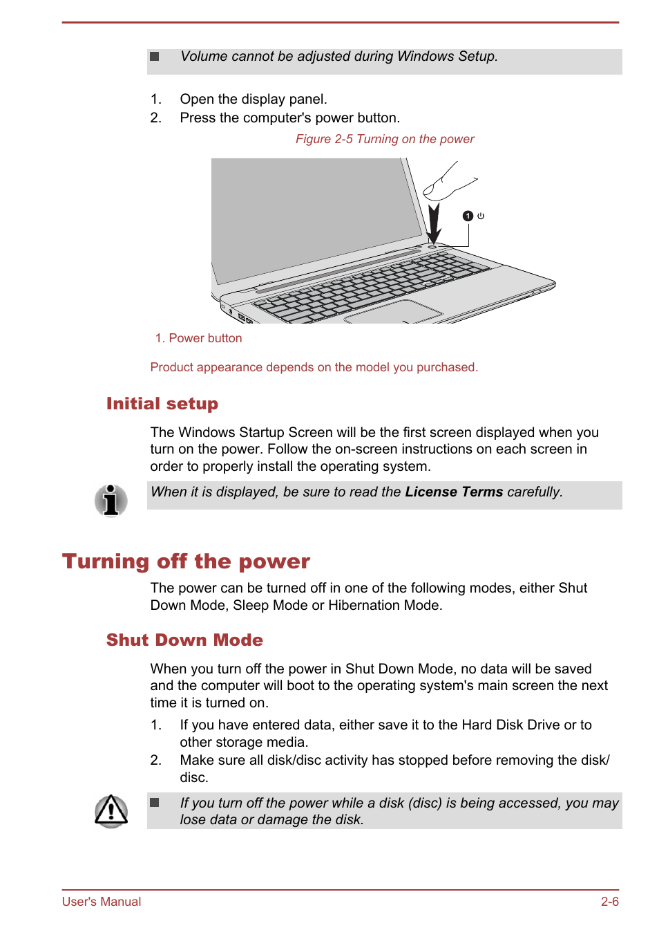 Initial setup, Turning off the power, Shut down mode | Turning off the power -6 | Toshiba Qosmio X70-B User Manual | Page 28 / 128