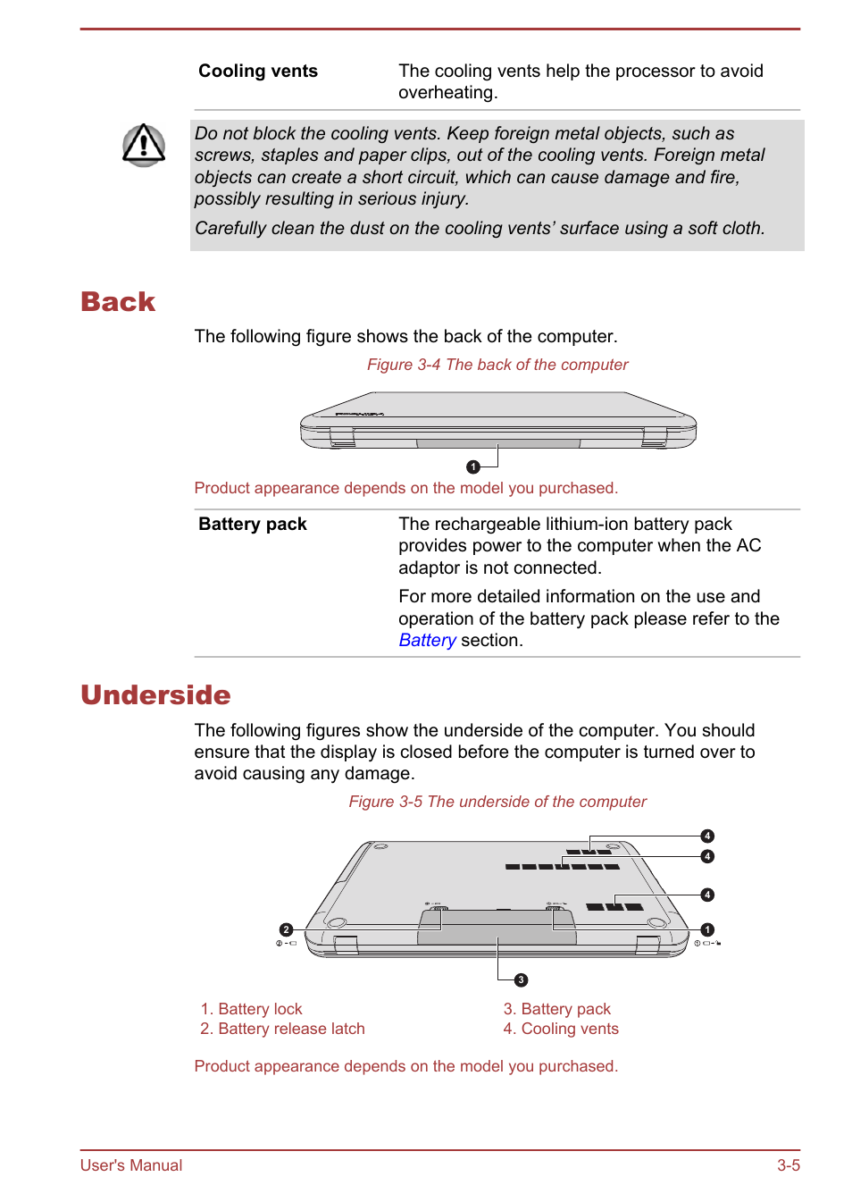 Back, Underside, Back -5 underside -5 | Toshiba Qosmio X70-B User Manual | Page 37 / 128