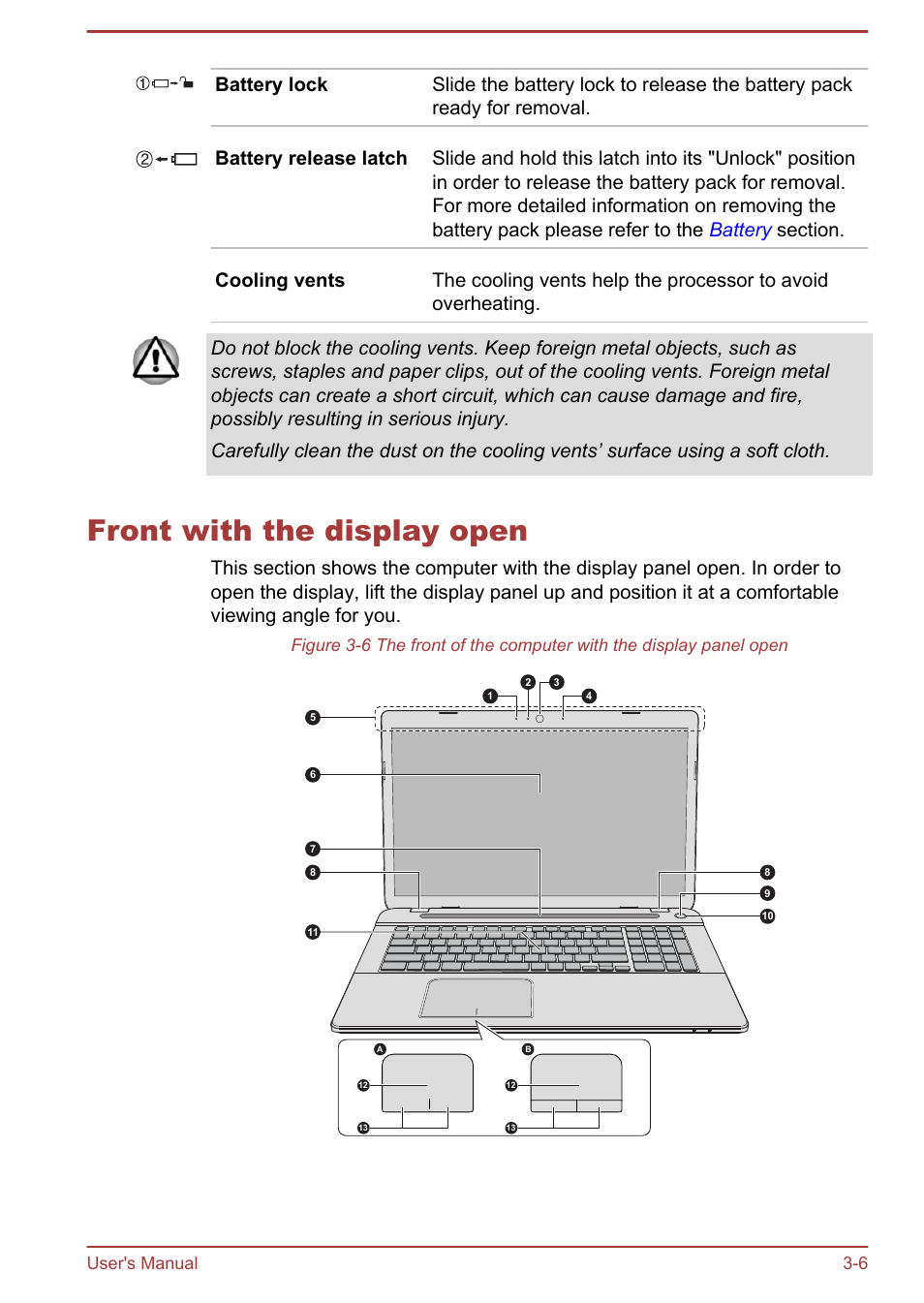 Front with the display open, Front with the display open -6, User's manual 3-6 | Toshiba Qosmio X70-B User Manual | Page 38 / 128