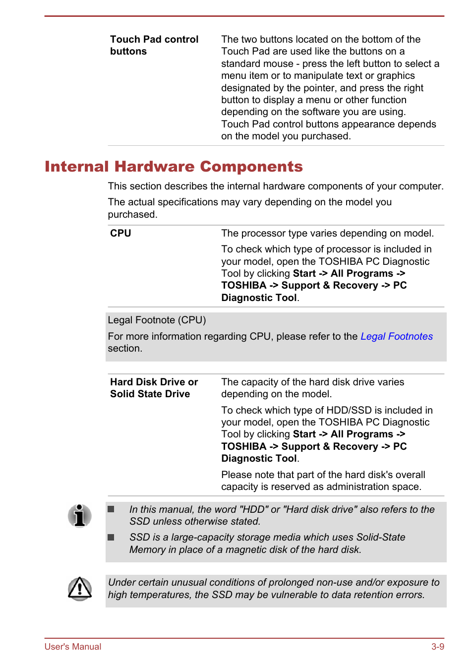 Internal hardware components, Internal hardware components -9 | Toshiba Qosmio X70-B User Manual | Page 41 / 128