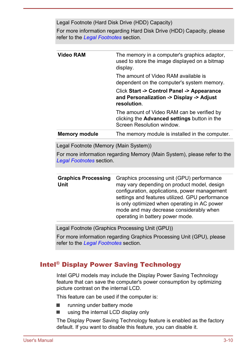 Intel® display power saving technology, Intel, Display power saving technology | Toshiba Qosmio X70-B User Manual | Page 42 / 128