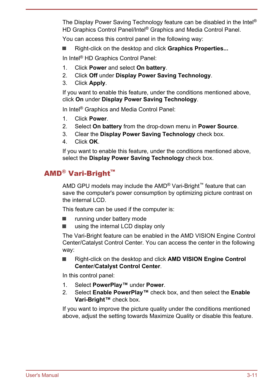 Amd® vari-bright, Vari-bright | Toshiba Qosmio X70-B User Manual | Page 43 / 128