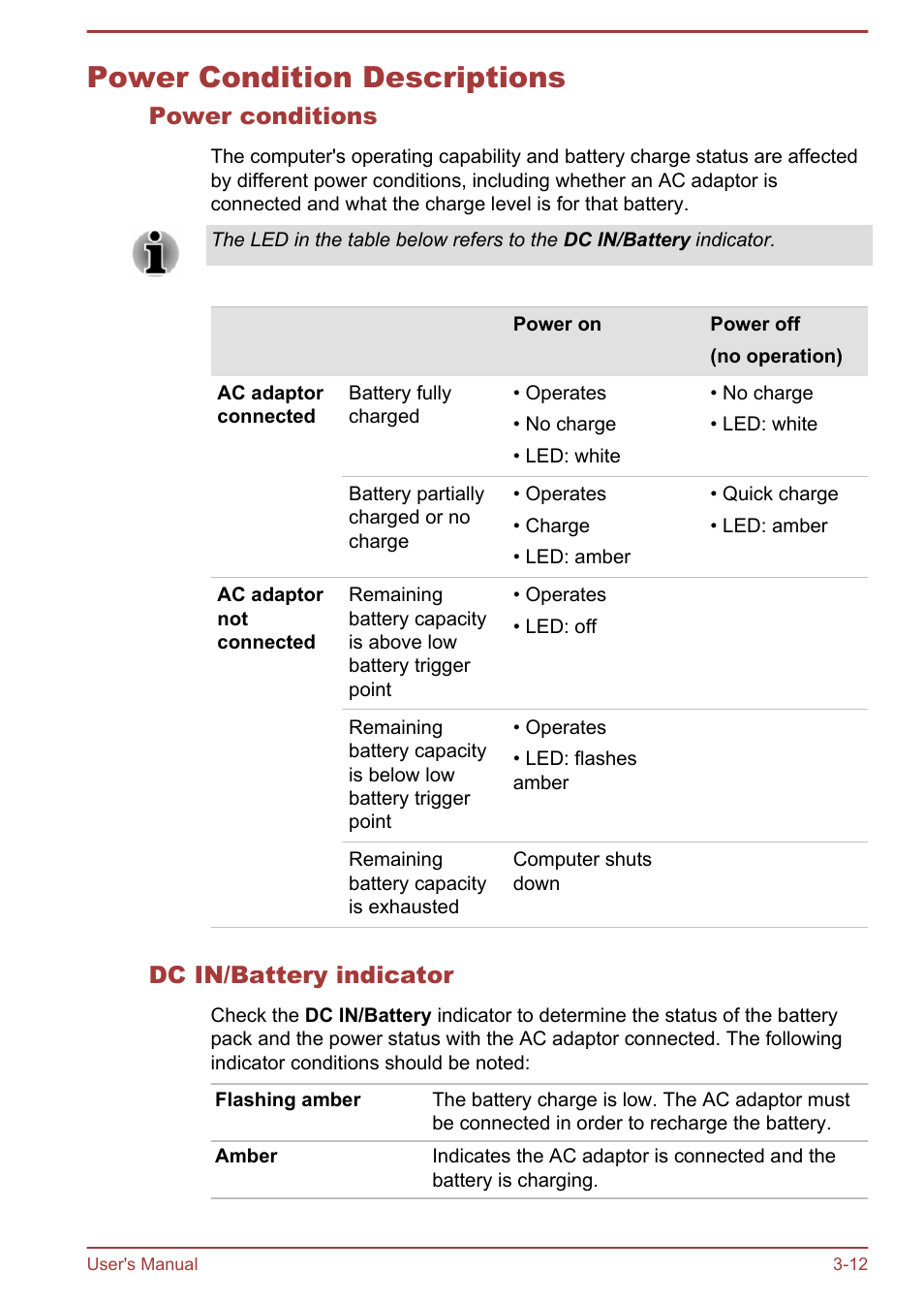 Power condition descriptions, Power conditions, Dc in/battery indicator | Power condition descriptions -12 | Toshiba Qosmio X70-B User Manual | Page 44 / 128