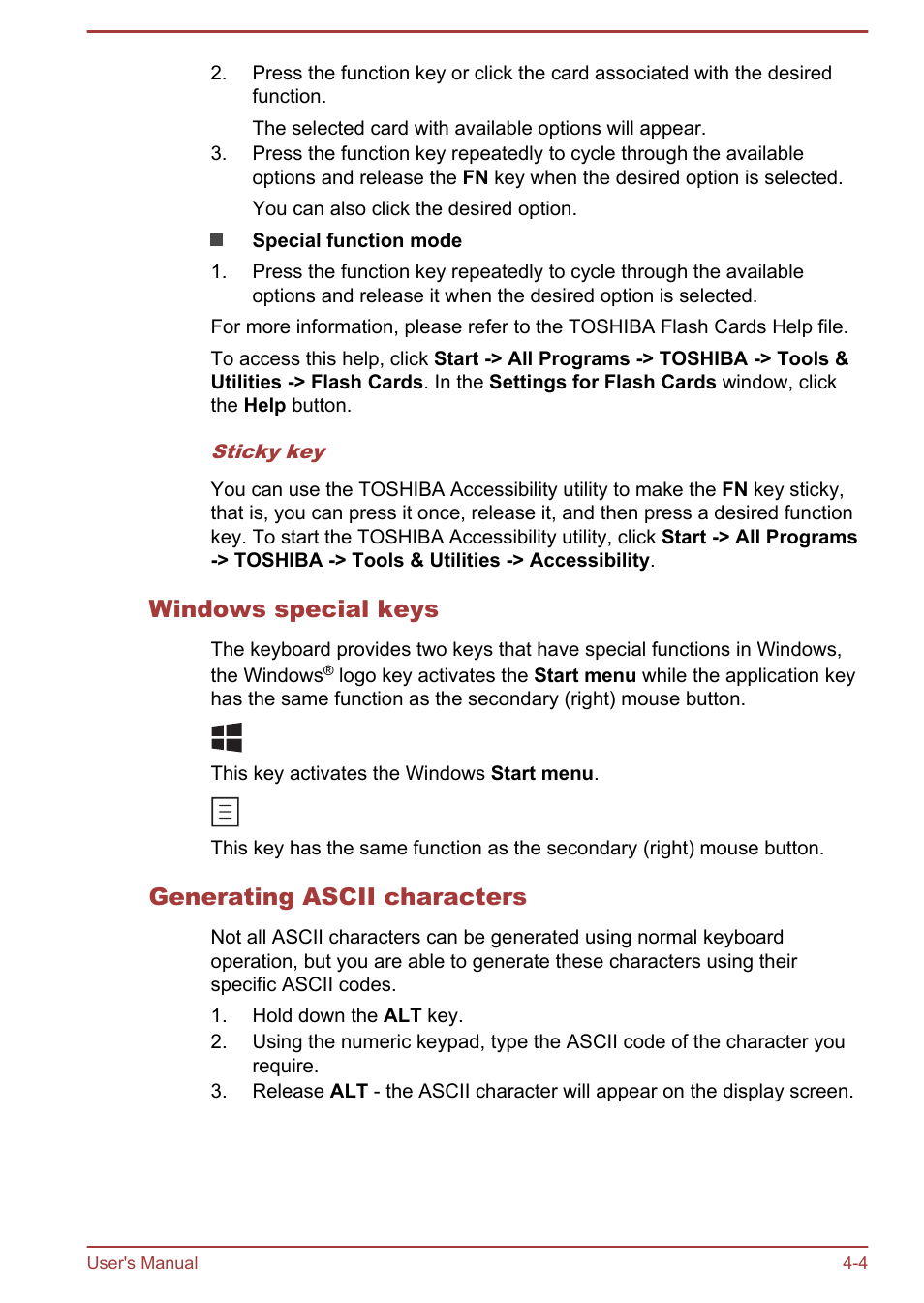 Windows special keys, Generating ascii characters | Toshiba Qosmio X70-B User Manual | Page 49 / 128