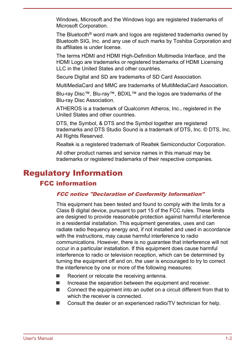Regulatory information, Fcc information, Regulatory information -2 | Toshiba Qosmio X70-B User Manual | Page 5 / 128