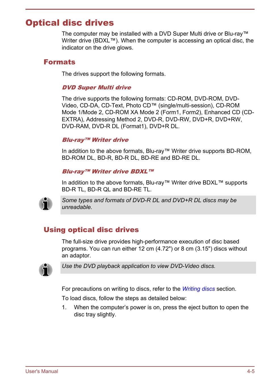 Optical disc drives, Formats, Using optical disc drives | Optical disc drives -5 | Toshiba Qosmio X70-B User Manual | Page 50 / 128