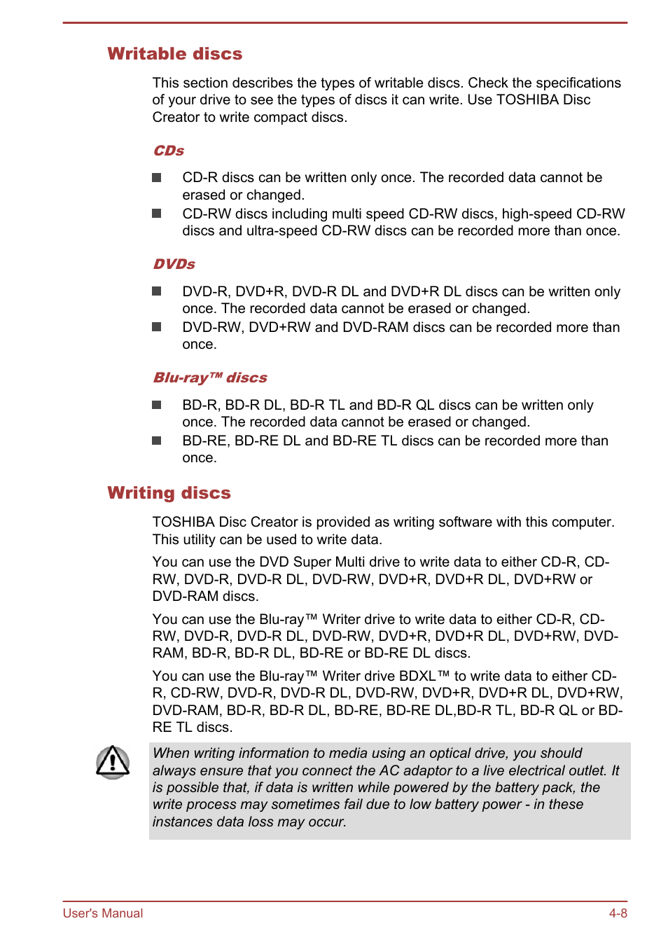 Writable discs, Writing discs | Toshiba Qosmio X70-B User Manual | Page 53 / 128
