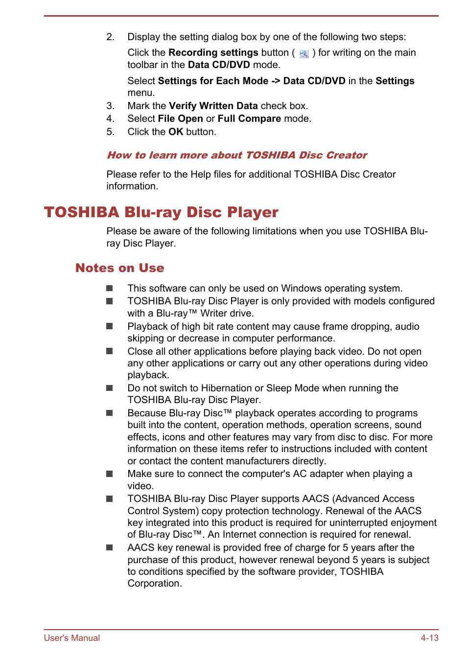 Toshiba blu-ray disc player, Notes on use, Toshiba blu-ray disc player -13 | Toshiba Qosmio X70-B User Manual | Page 58 / 128