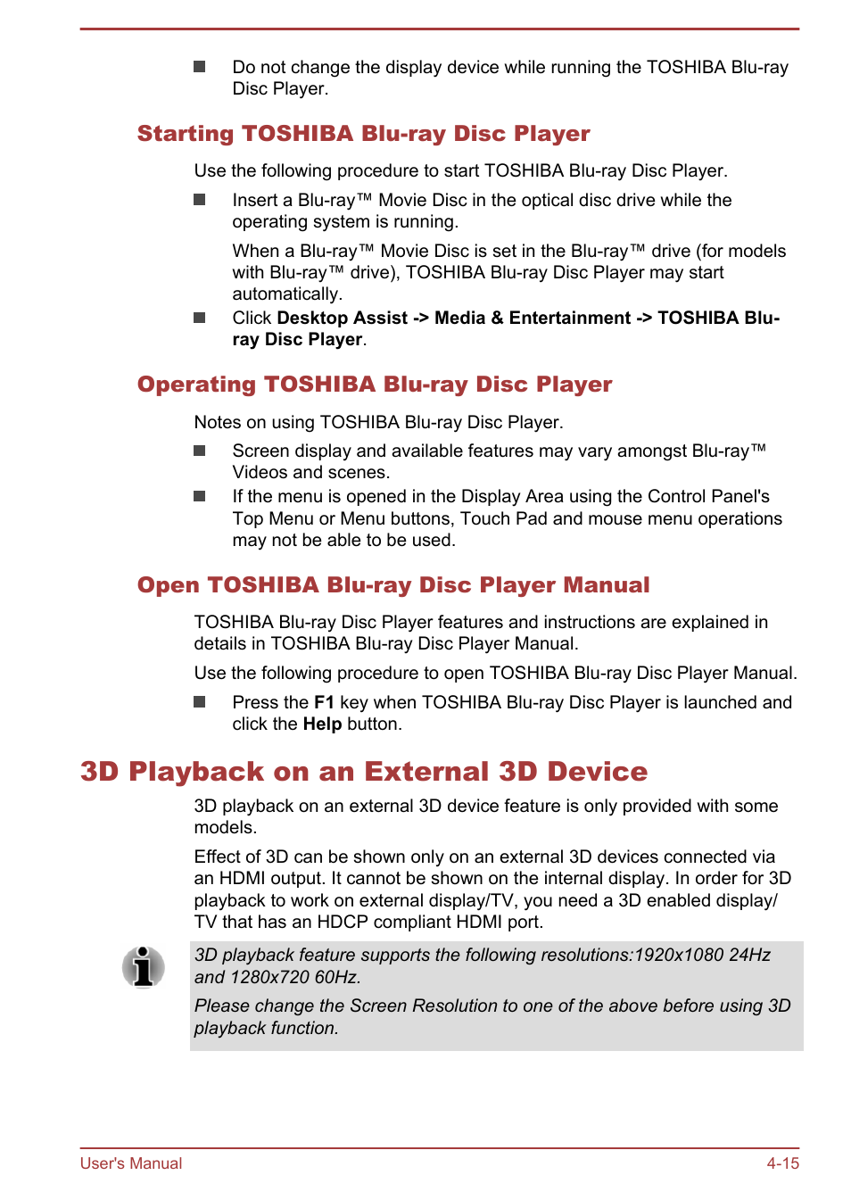 Starting toshiba blu-ray disc player, Operating toshiba blu-ray disc player, Open toshiba blu-ray disc player manual | 3d playback on an external 3d device, 3d playback on an external 3d device -15 | Toshiba Qosmio X70-B User Manual | Page 60 / 128