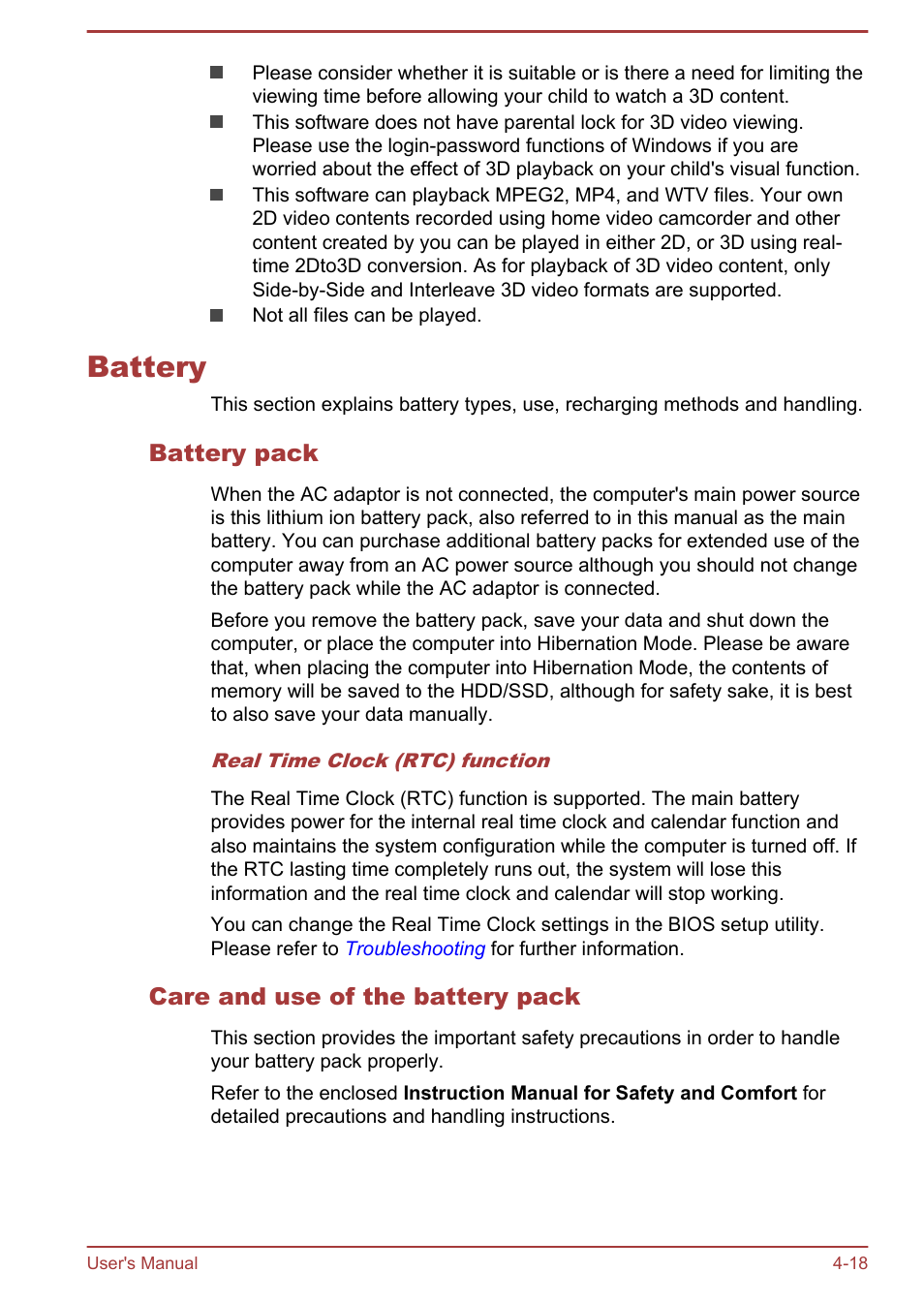 Battery, Battery pack, Care and use of the battery pack | Battery -18 | Toshiba Qosmio X70-B User Manual | Page 63 / 128