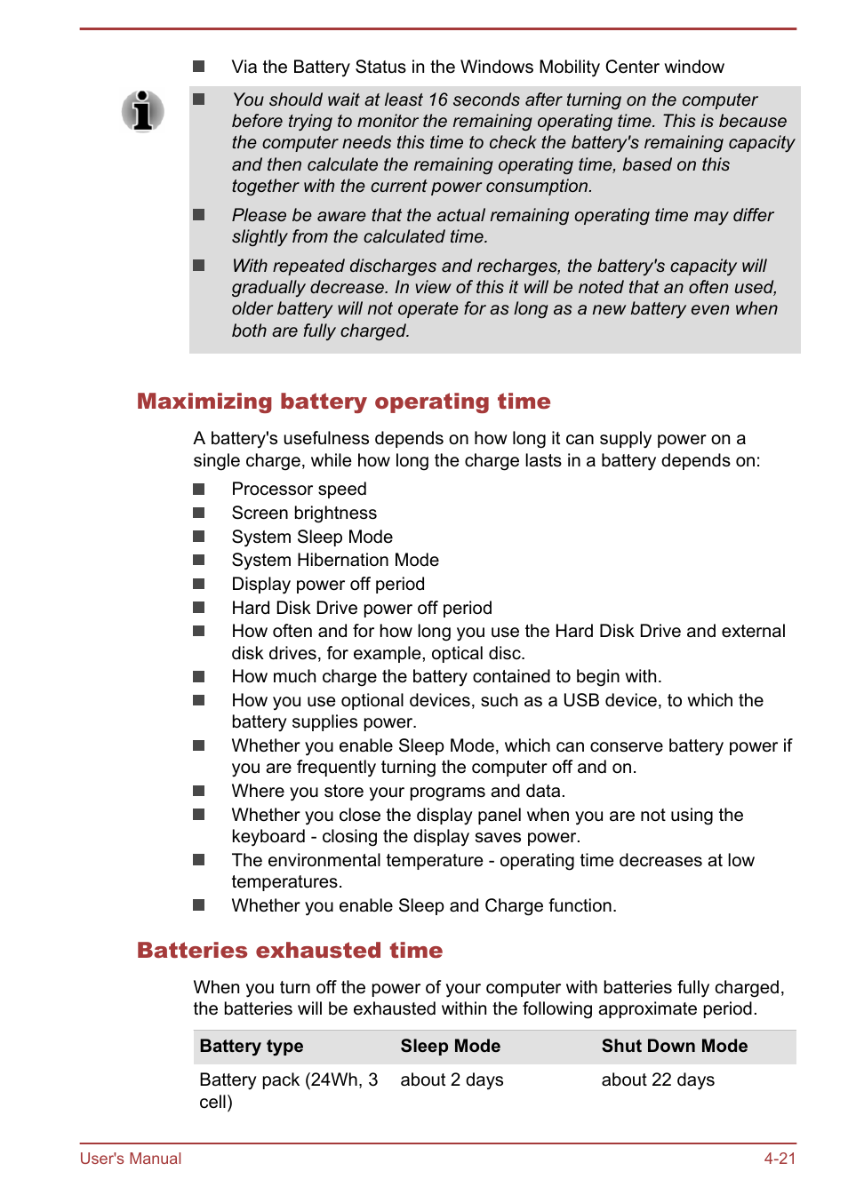 Maximizing battery operating time, Batteries exhausted time | Toshiba Qosmio X70-B User Manual | Page 66 / 128
