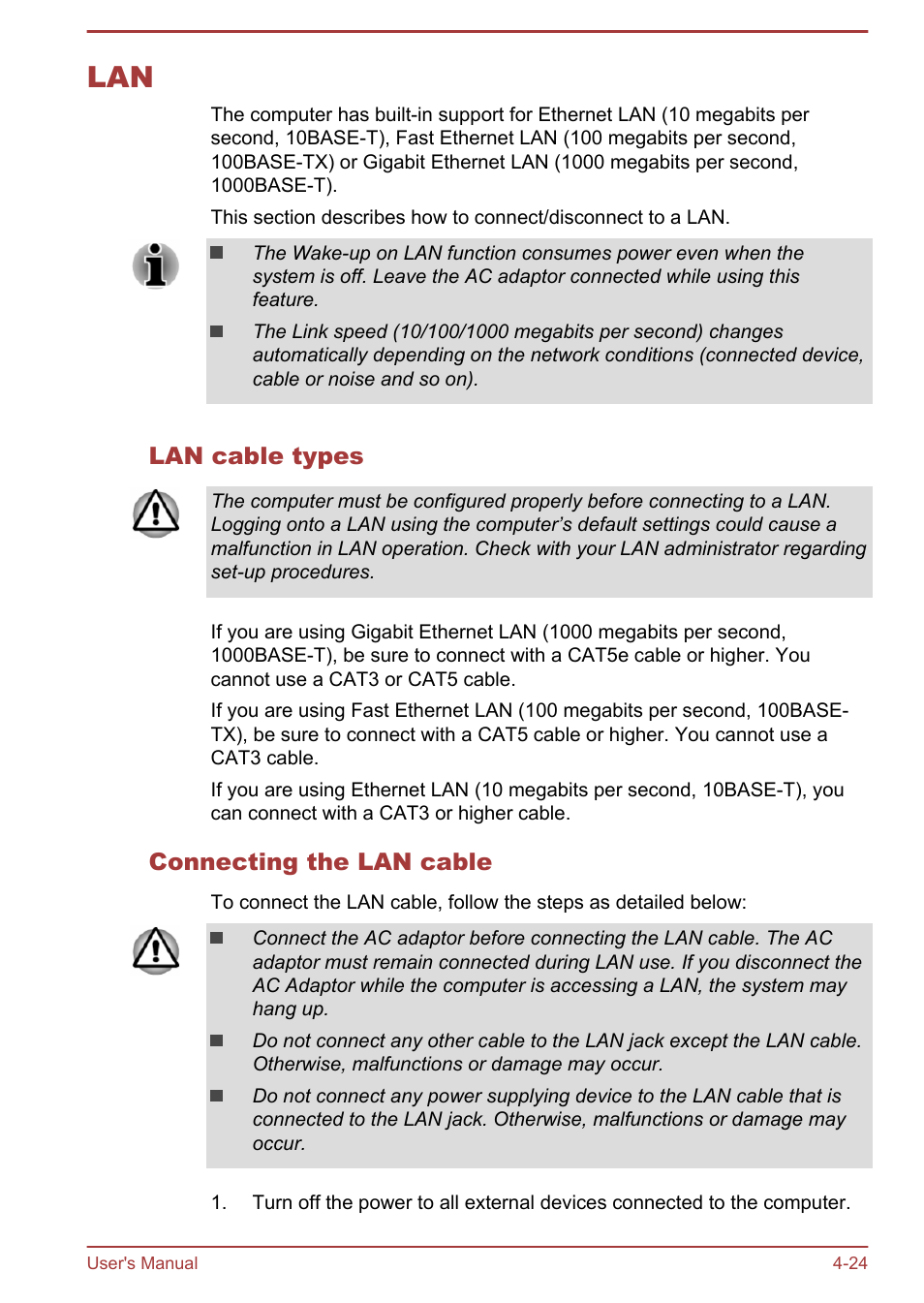 Lan cable types, Connecting the lan cable, Lan -24 | Toshiba Qosmio X70-B User Manual | Page 69 / 128
