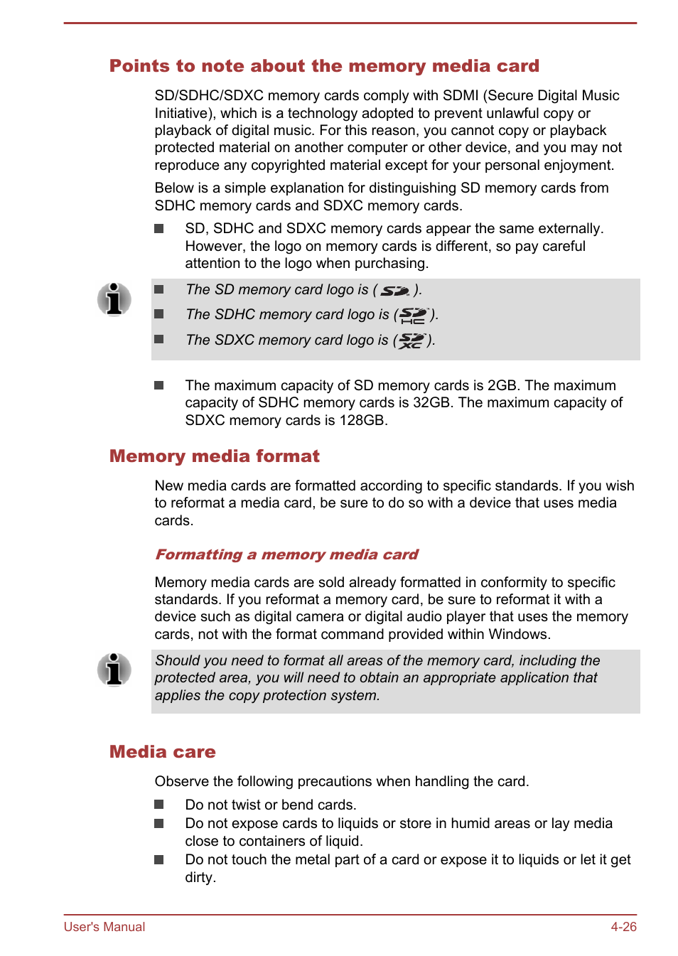 Points to note about the memory media card, Memory media format, Media care | Toshiba Qosmio X70-B User Manual | Page 71 / 128