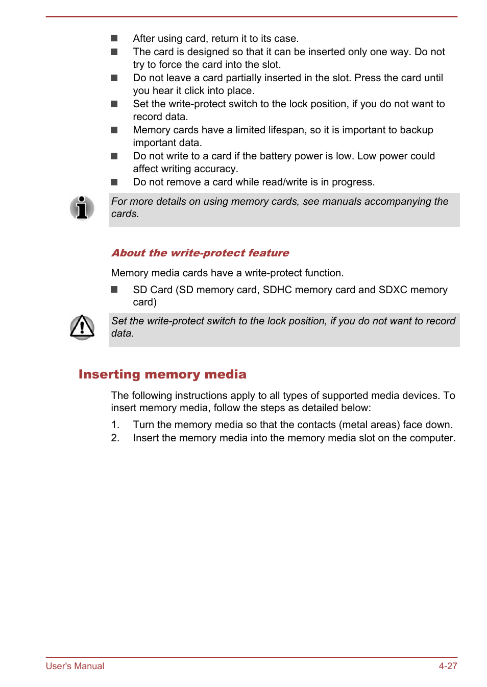 Inserting memory media | Toshiba Qosmio X70-B User Manual | Page 72 / 128