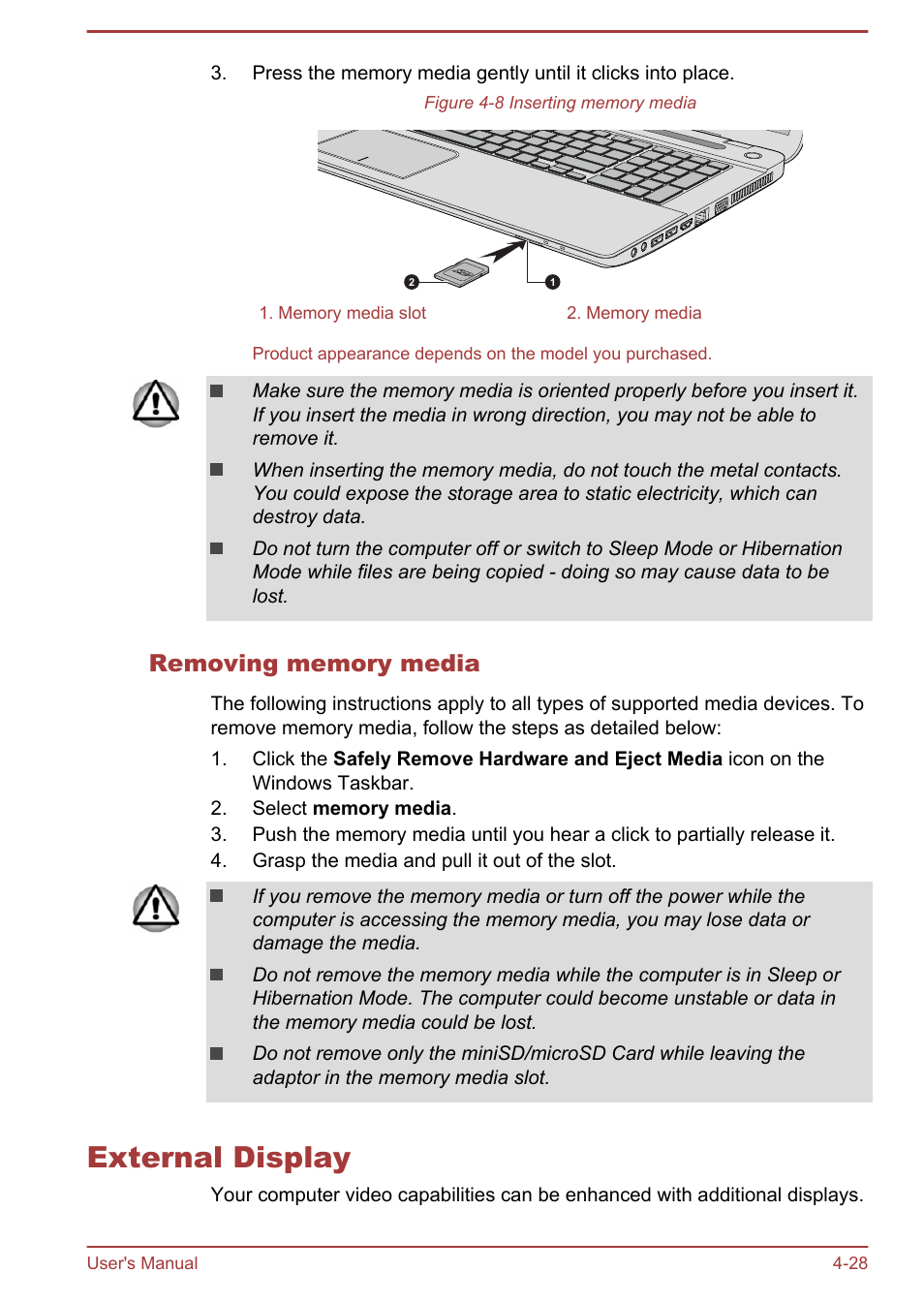 Removing memory media, External display, External display -28 | Toshiba Qosmio X70-B User Manual | Page 73 / 128