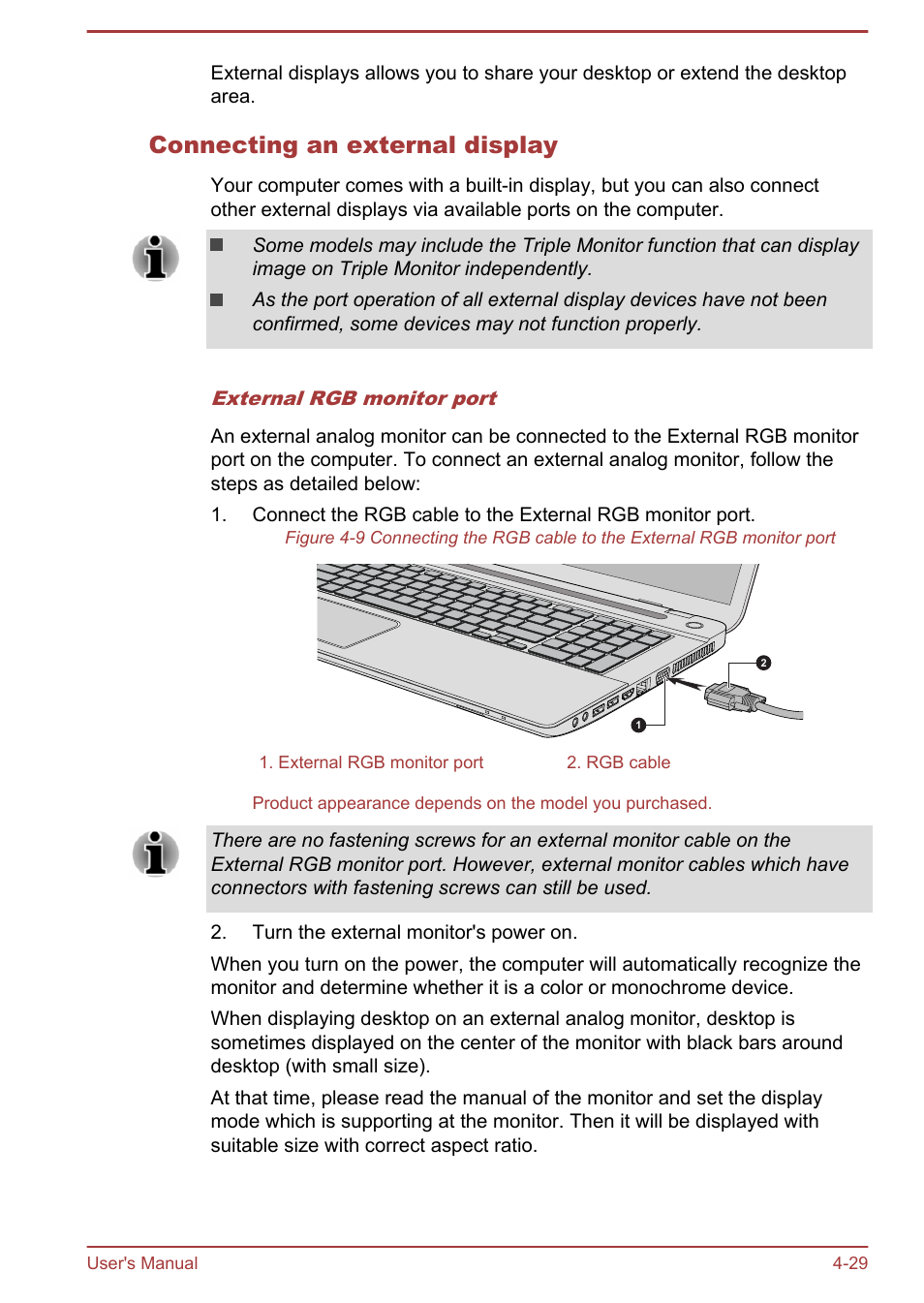 Connecting an external display | Toshiba Qosmio X70-B User Manual | Page 74 / 128