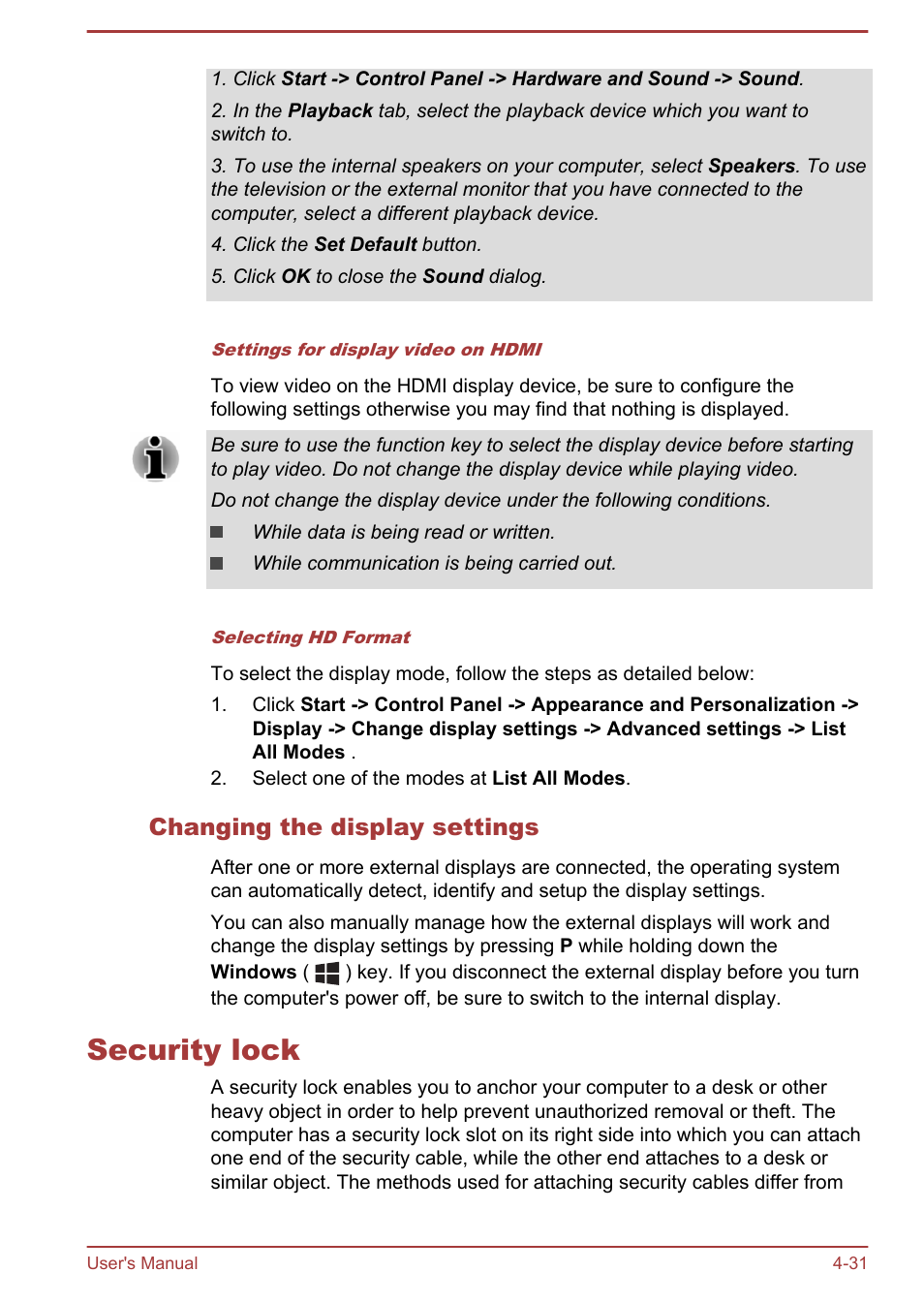 Changing the display settings, Security lock, Security lock -31 | Toshiba Qosmio X70-B User Manual | Page 76 / 128