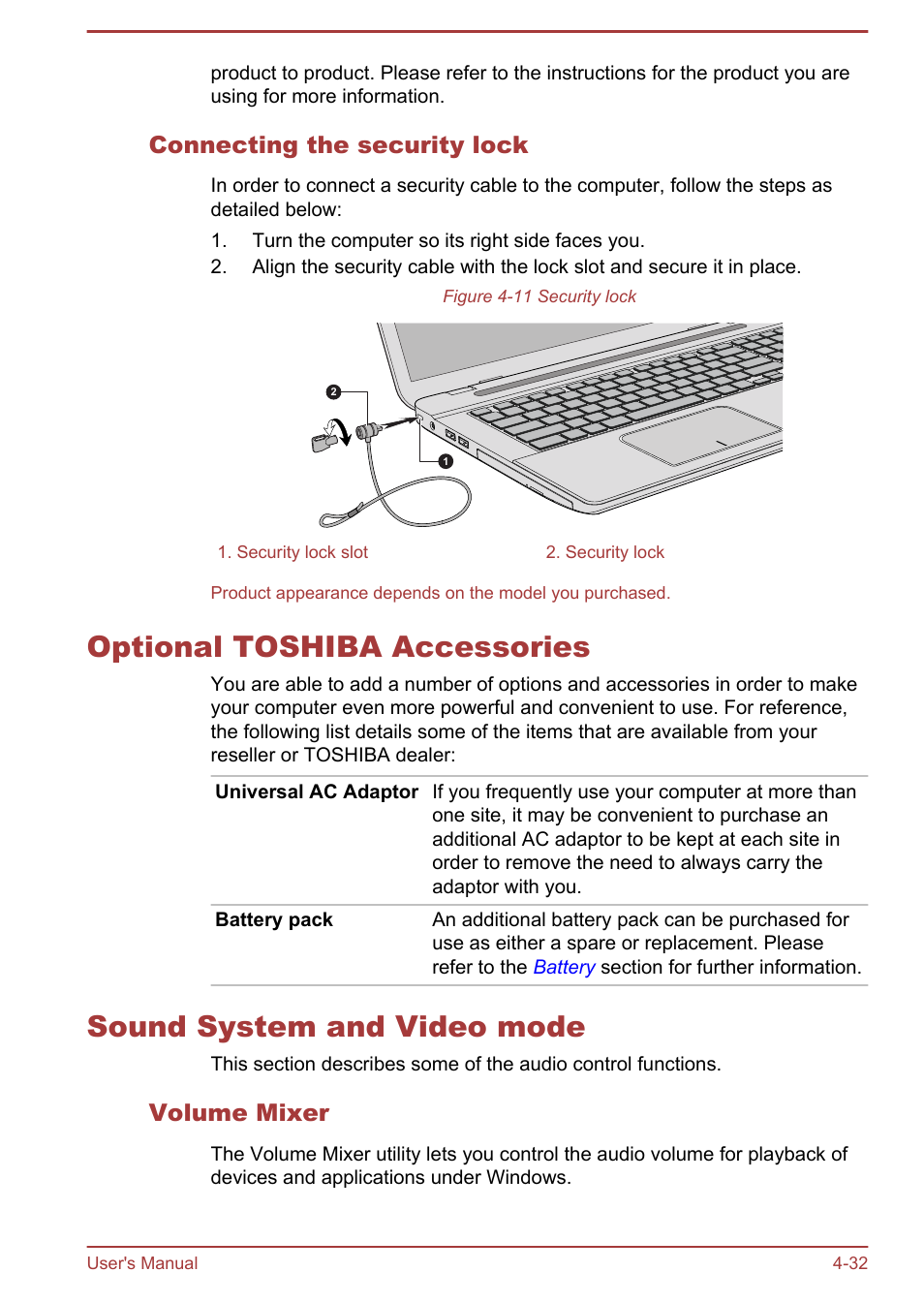 Connecting the security lock, Optional toshiba accessories, Sound system and video mode | Volume mixer, To the | Toshiba Qosmio X70-B User Manual | Page 77 / 128