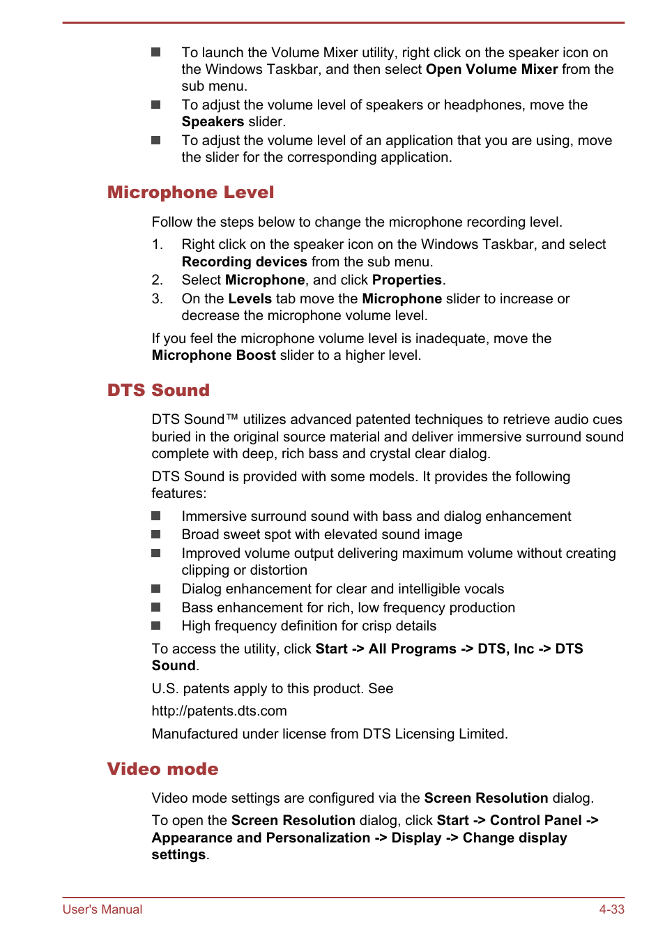 Microphone level, Dts sound, Video mode | Toshiba Qosmio X70-B User Manual | Page 78 / 128