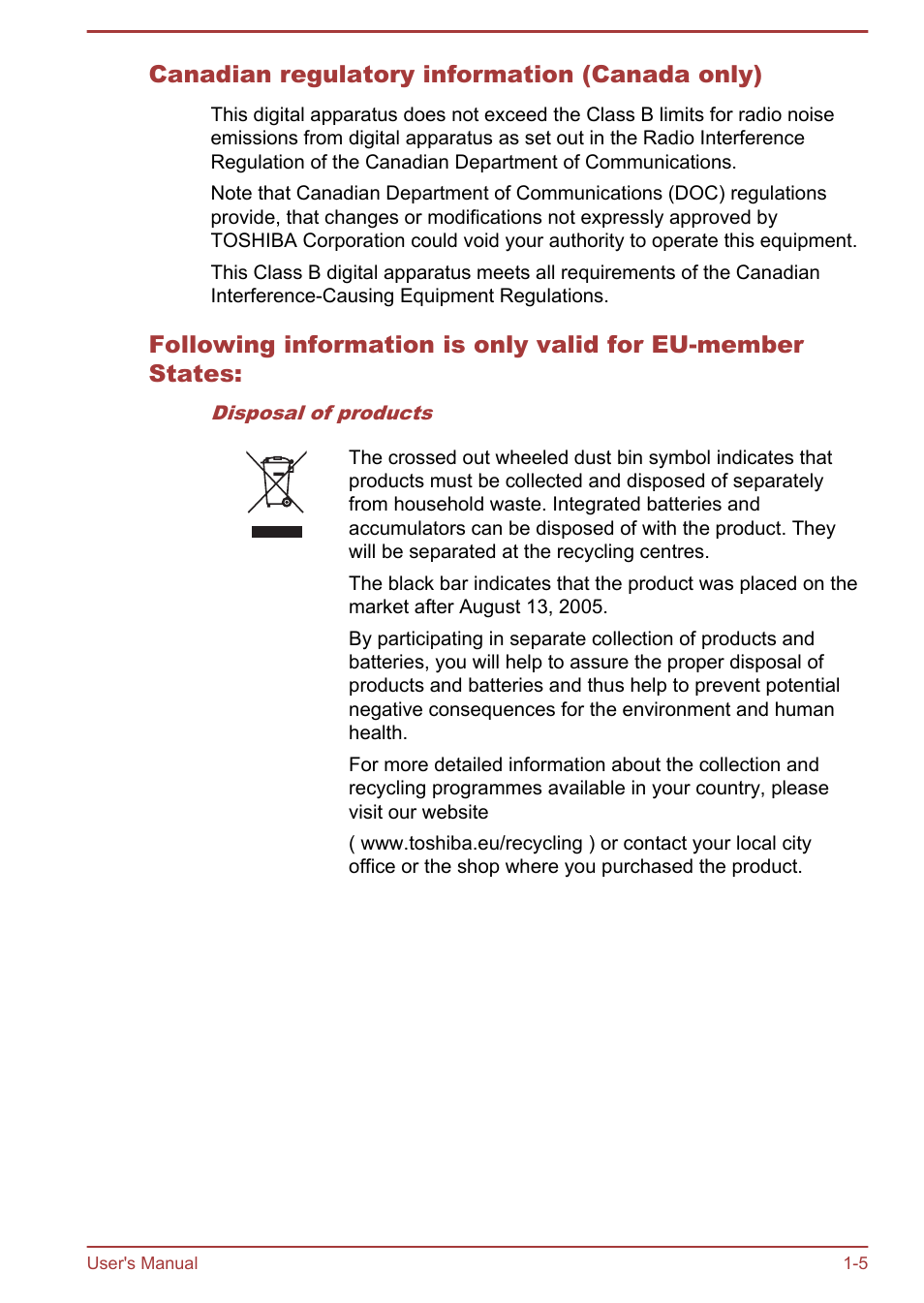 Canadian regulatory information (canada only) | Toshiba Qosmio X70-B User Manual | Page 8 / 128