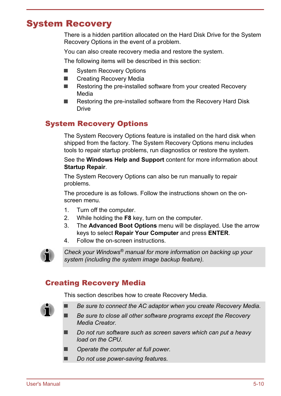 System recovery, System recovery options, Creating recovery media | System recovery -10 | Toshiba Qosmio X70-B User Manual | Page 89 / 128