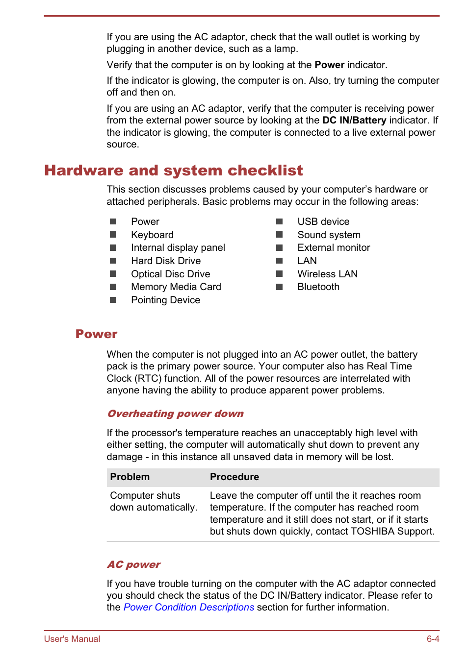 Hardware and system checklist, Power, Hardware and system checklist -4 | Toshiba Qosmio X70-B User Manual | Page 96 / 128